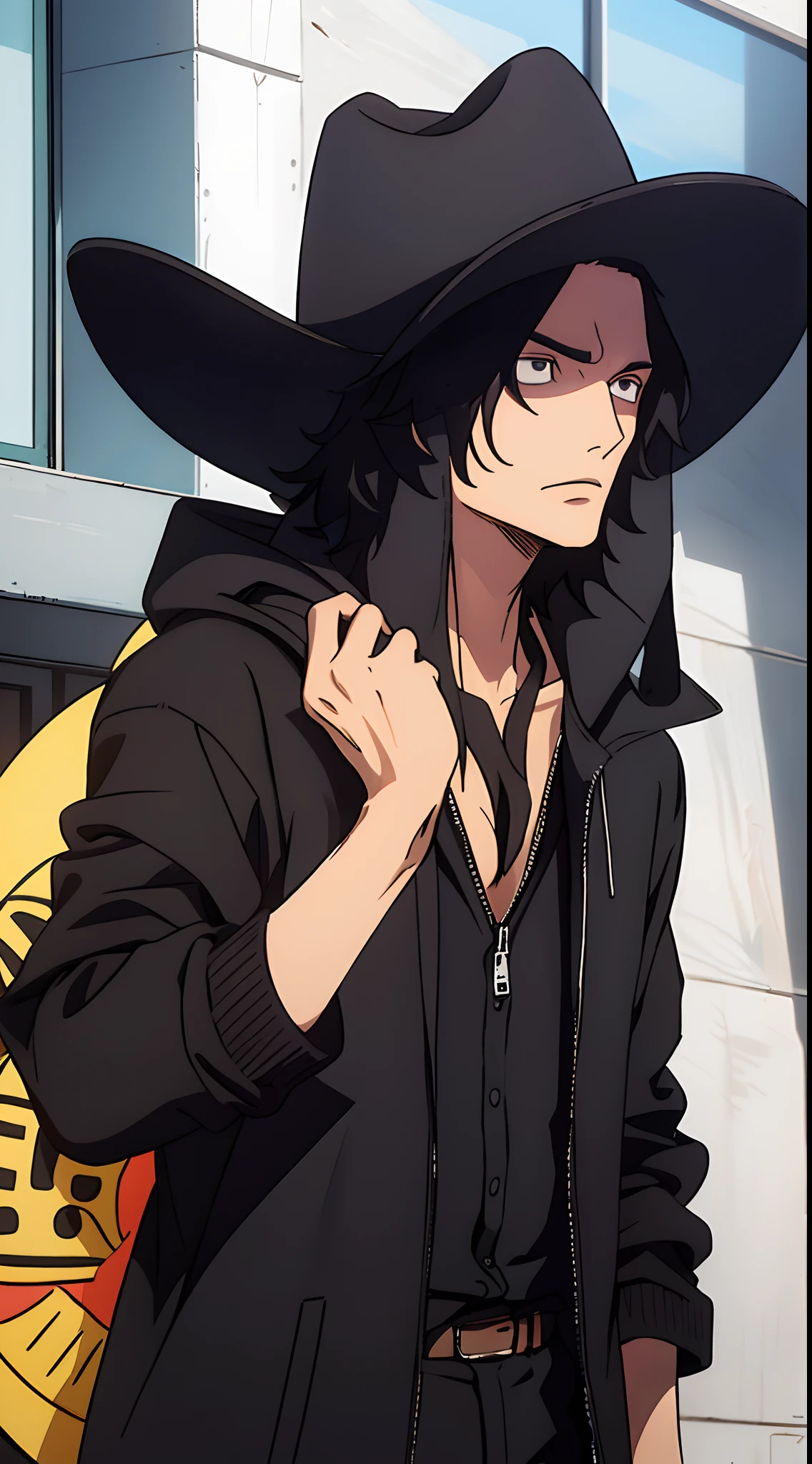 a guy wearing a long black jacket, long black hairs, using a black cowboy hat, hooded