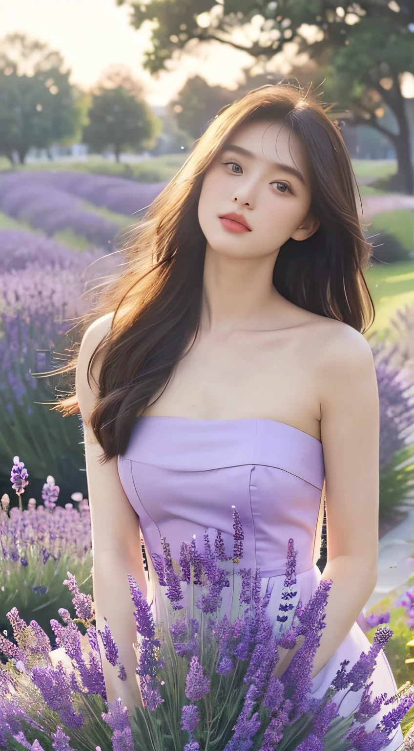 (hyperrealistic), (8K), 1 young girl, (beautiful detailed eyes), (beautiful detailed lips), (extremely detailed face), (long eyelashes), (soft smooth skin), (Supermodel body), (supermodel measurements), (wear Dress with a strapless top), (in the lavender field), (stand Putting your hands on your head), (vivid colors), (bright sunlight), (subtle shadows), (gentle breeze), (butterflies fluttering around), (delicate lavender scent), (dewdrops on flowers), (tall green grass), (lush purple lavender bushes), (golden sunset), (soft warm glow), (dreamlike atmosphere), (crisp clear details), (high definition), (natural lighting), (impeccable quality), (ultra-fine painting), (romantic and serene), (postcard-worthy scene), (captivating beauty), (innocence and youthfulness), (sublime elegance), (timeless charm), (ethereal mood), (artistic masterpiece), (mesmerizing composition), (flawless artistry), mix4