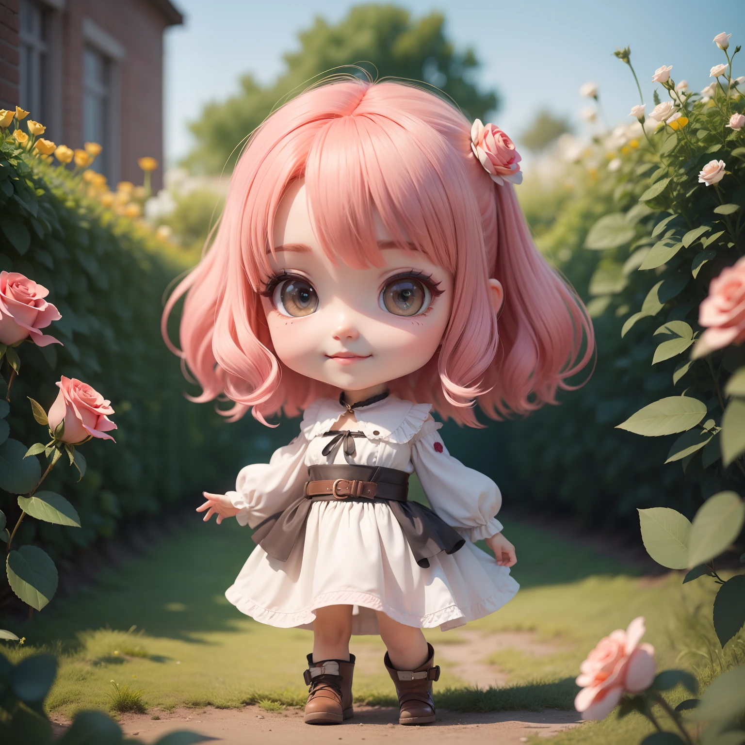 Anime chibi cute baby,(Super Obra-Prima、qualidade superior、ultra-detalhada、1 menina em、Chibi:1.5)、Chibi da moda、modelo de moda、Malha branca de gola alta & Saia plissada、Botas rendidas、fora de casa、(Rosas azuis:1.1)、(Coloma Rose Garden in Belgium:1.2)、O melhor sorriso、looking at the camera、Um rosto detalhado、highdetailskin、Aqua Blue Sauvage Cabelo、(Chibi:1.4)todas em 8k