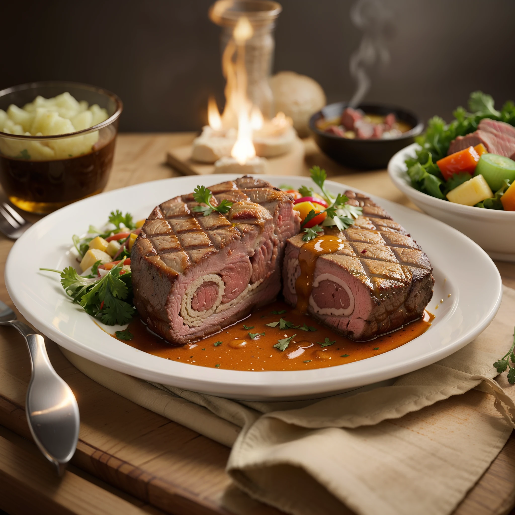 There is a steak plate and a vegetable bowl, bebida com gelo em uma mesa, fotografia profissional de alimentos, comer carne, Fotografia de comida de alta qualidade, imagem de comida super realista, good ilumination, churrasqueira ao fundo saindo chamas de fogo com desfoque gaussiano, Directed by: Dietmar Damerau, cooked to perfection, fine dining, Directed by: Daniel Taylor, foto de comida profissional, carne, Directed by: John Murdoch, Directed by: Jakob Gauermann, carne suculenta, Mouthwatering, carne de vaca