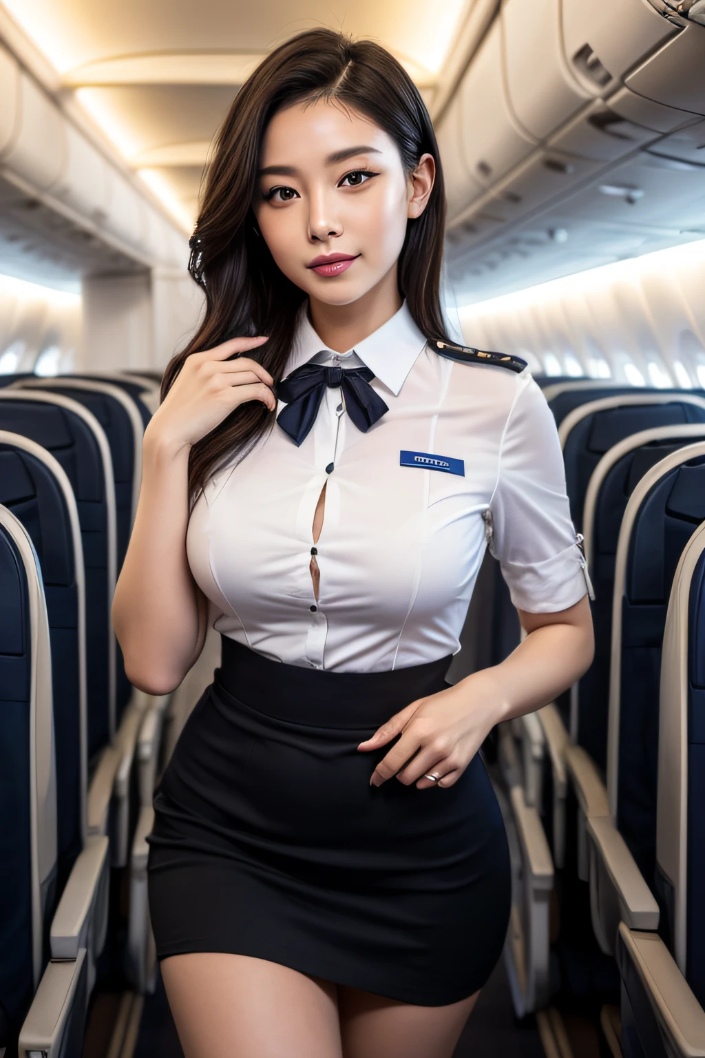 1womanl, 40 years、hyperdetailed face、Detailed lips、A detailed eye、二重まぶた、(Black bob hair、Like an airplane stewardess々Do a good job)、(Stewardess uniform:1.2)、(Glamorous body)、(Colossal tits)、smil、thighs thighs thighs thighs, Perfect fit, Perfect image realism, Background with: (Business Class aisle on airplanes:1.2), Cowboy Shot, Meticulous background, detailed costume, Perfect litthing、Hyper-Realism、(Photorealsitic:1.4)、8K maximum resolution, (​masterpiece), ighly detailed, Professional