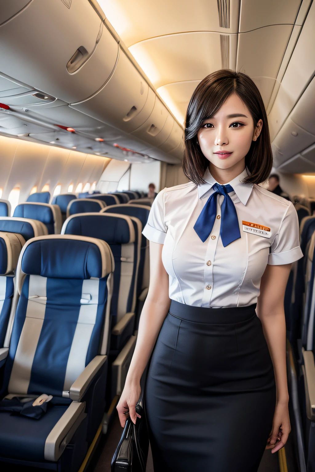 1womanl, 40 years、hyperdetailed face、Detailed lips、A detailed eye、二重まぶた、(Black bob hair、Like an airplane stewardess々Do a good job)、(Stewardess uniform:1.2)、(Glamorous body)、(Colossal tits)、smil、thighs thighs thighs thighs, Perfect fit, Perfect image realism, Background with: (Business Class aisle on airplanes:1.2), Cowboy Shot, Meticulous background, detailed costume, Perfect litthing、Hyper-Realism、(Photorealsitic:1.4)、8K maximum resolution, (​masterpiece), ighly detailed, Professional