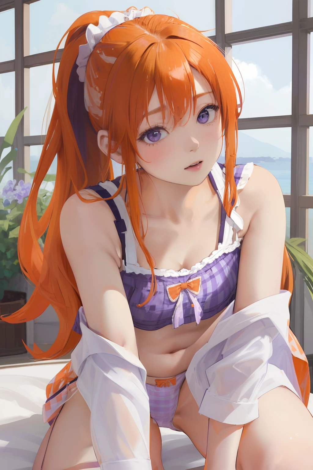 an oil painting、masterpiece、top-quality、hight resolution、(((Orange long hair)))、Orange long hair、shores、Beach、Naughty look、(((White and purple gingham plaid bra)))、(((White and purple gingham plaid panties)))、Bending legs、Female face、Hot face、A slightly troubled look、sweat-wet skin、blue-sky、shores、Squatting、Open your legs、Underwear is visible、Embarrassing、side poneyTail、Scrunchie