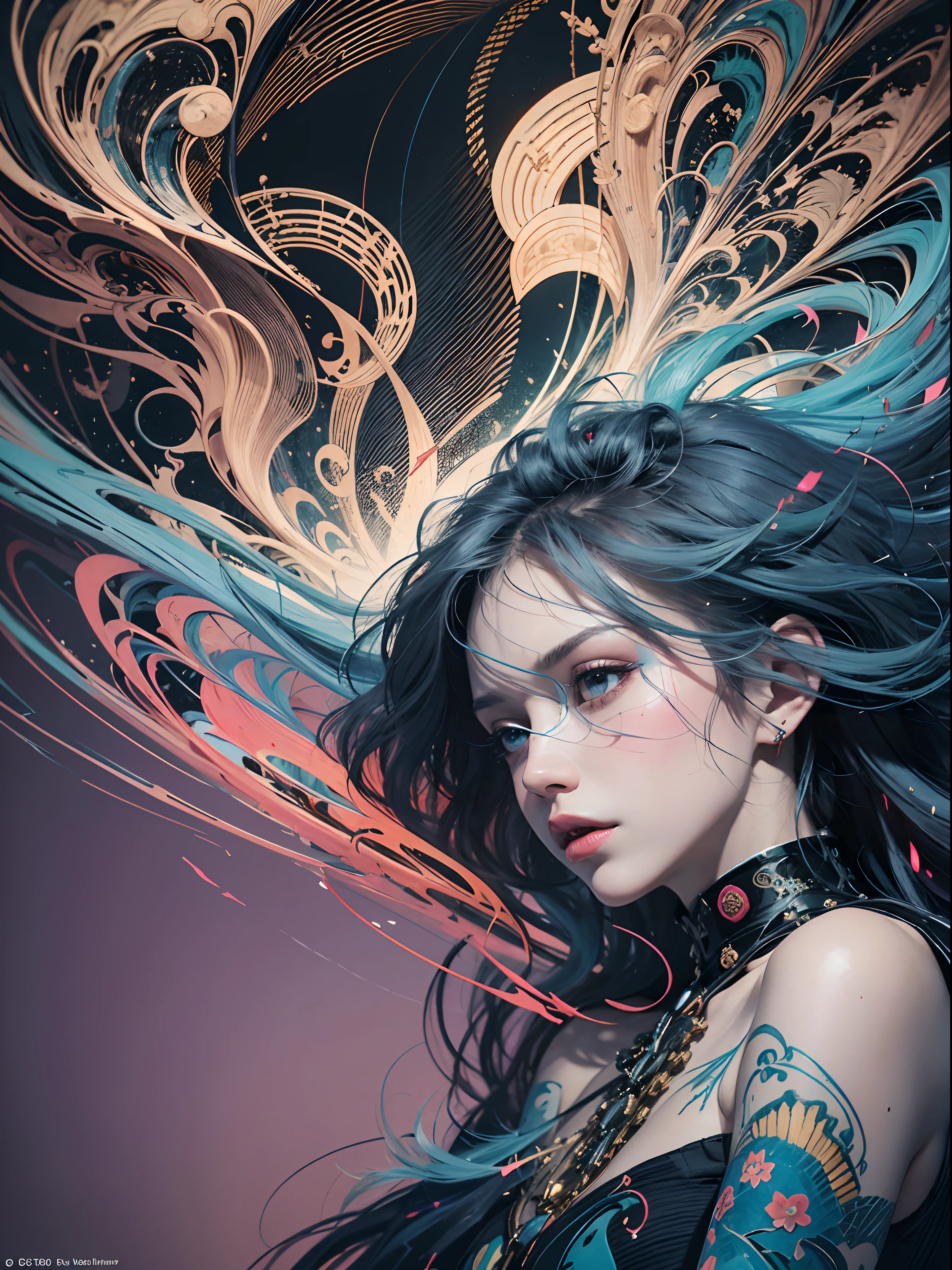 official art, unity 8k wallpaper, ultra detailed, beautiful and aesthetic, beautiful, masterpiece, best quality, (zentangle, mandala, tangle, entangle), dynamic angle, cowboyshot, the most beautiful form of chaos, elegant, a brutalist designed, vivid colours, romanticism, by james jean, roby dwi antono, ross tran, francis bacon, michal mraz, adrian ghenie, petra cortright, gerhard richter, takato yamamoto, ashley wood, atmospheric, enjoying a stream of music, where you can visualize the notes, ecstasy of musical notes, streaming musical notes visible