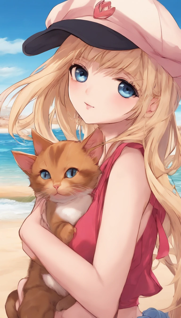 Anime,.A red-eyed blonde girl with a cat ear with a black cap and a pink kitten on her side., sentada na praia em frente ao mar azul.