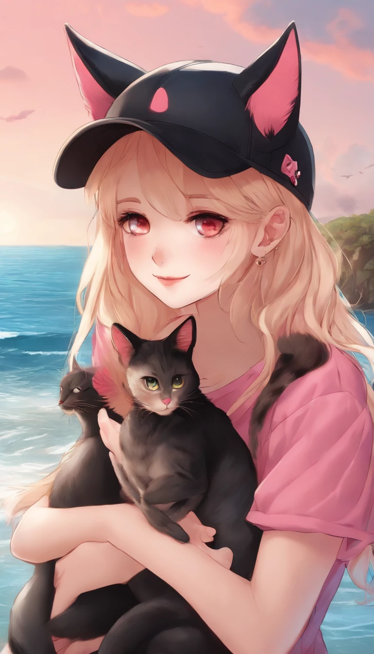 Anime,.A red-eyed blonde girl with a cat ear with a black cap and a pink kitten on her side., sentada na praia em frente ao mar azul.