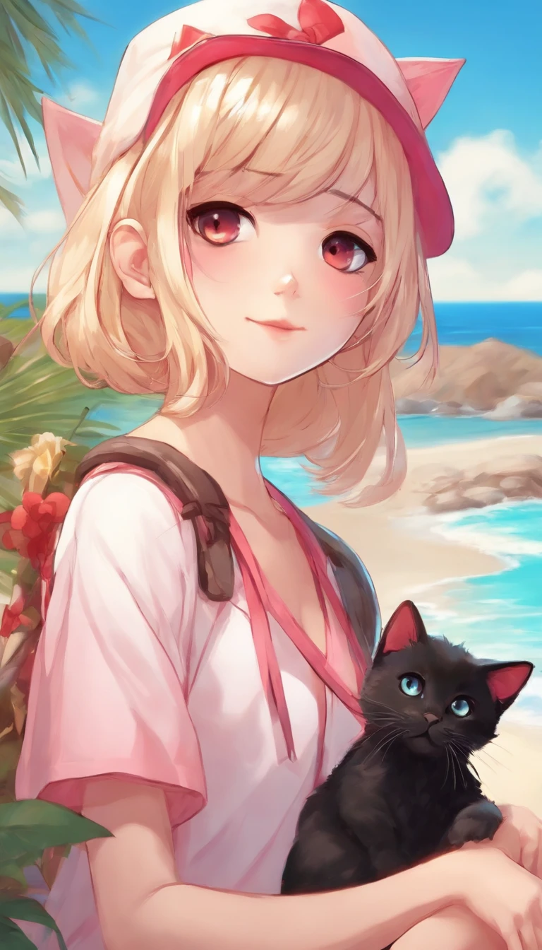 Anime,.A red-eyed blonde girl with a cat ear with a black cap and a pink kitten on her side., sentada na praia em frente ao mar azul.