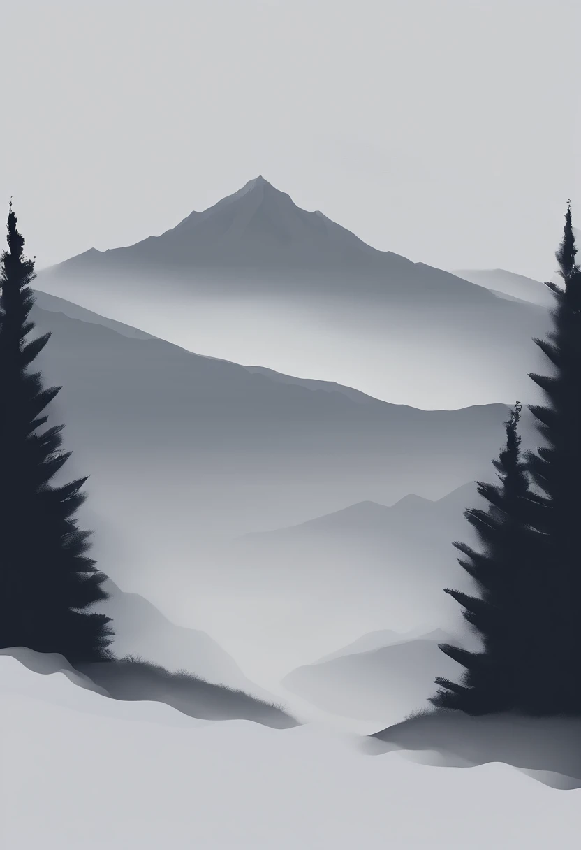 Gray dark sky，Clouds that have just snowed lightly，Gray clouds，There is a rough path in the vista，It leads directly to the mountains from bottom to top，On the hill is a small temple，Looming，The mountain is surrounded by blurred trees，On the tree is Rima，8K fantastic matte real