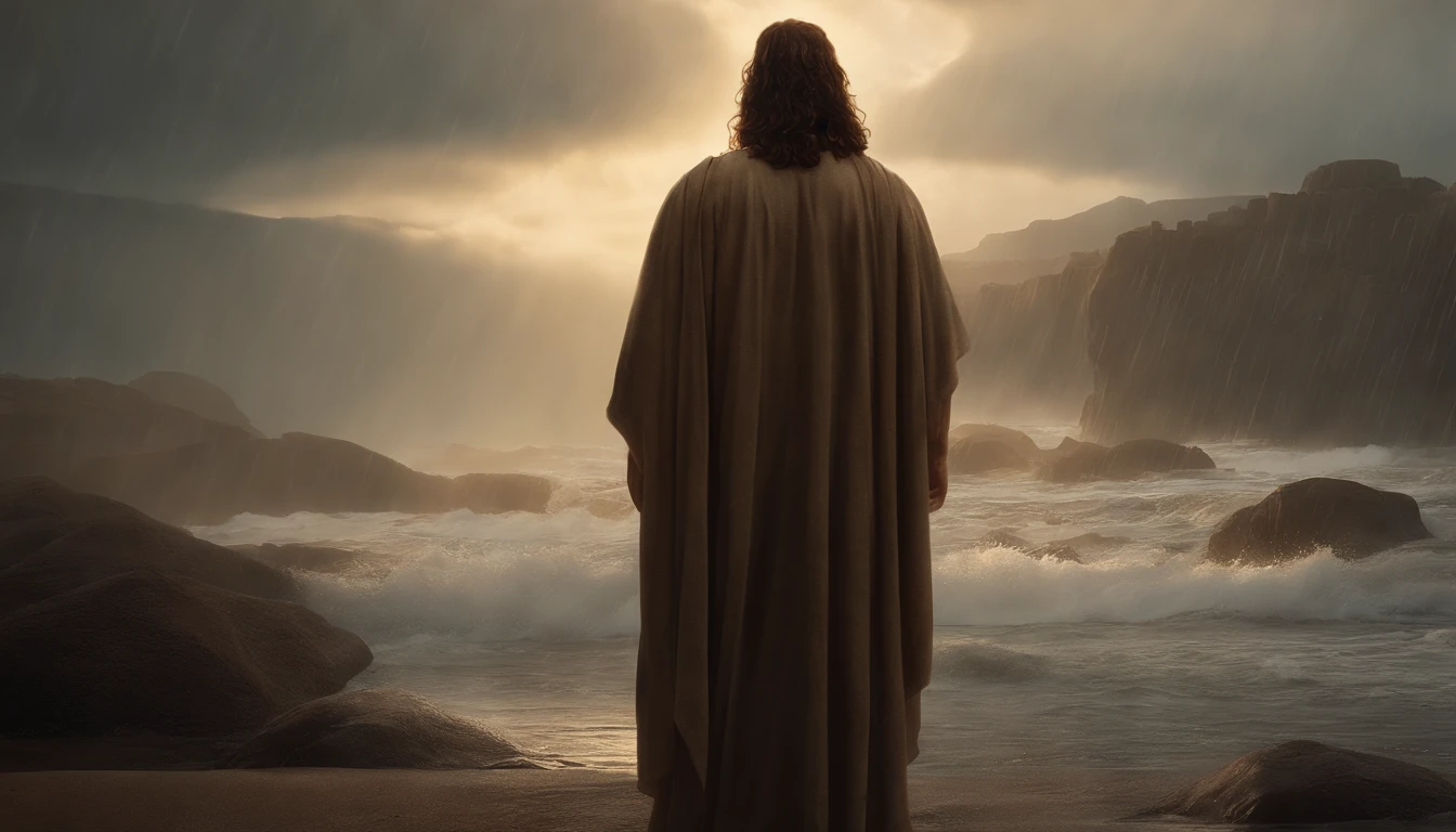 Jesus is standing in the rain with his head turned to the side, Greg Olsen, Jesus Cristo, Retrato de Jesus Cristo, jesus of nazareth, Wojtek FUS, Vestido como Jesus Cristo, O Senhor e Salvador, pintura digital ultra realista, rosto de Jesus, cinematic digital painting, Pintado por Andreas Rocha, Directed by: Michael Komarck, Jesus, Filme 8K ainda