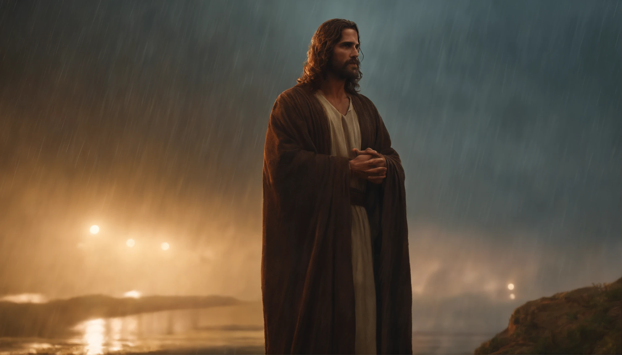 Jesus is standing in the rain with his head turned to the side, Greg Olsen, Jesus Cristo, Retrato de Jesus Cristo, jesus of nazareth, Wojtek FUS, Vestido como Jesus Cristo, O Senhor e Salvador, pintura digital ultra realista, rosto de Jesus, cinematic digital painting, Pintado por Andreas Rocha, Directed by: Michael Komarck, Jesus, Filme 8K ainda