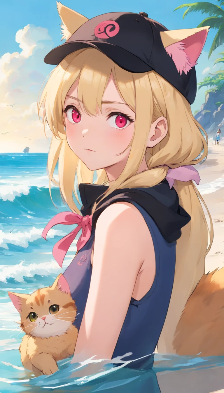 anime,.A red-eyed blonde girl with a cat ear with a black cap and a pink kitten next to her., sentada na praia em frente ao mar azul.