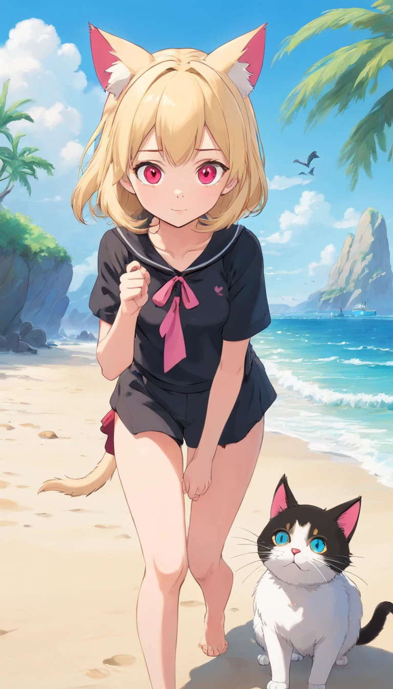 anime,.A red-eyed blonde girl with a cat ear with a black cap and a pink kitten next to her., sentada na praia em frente ao mar azul.