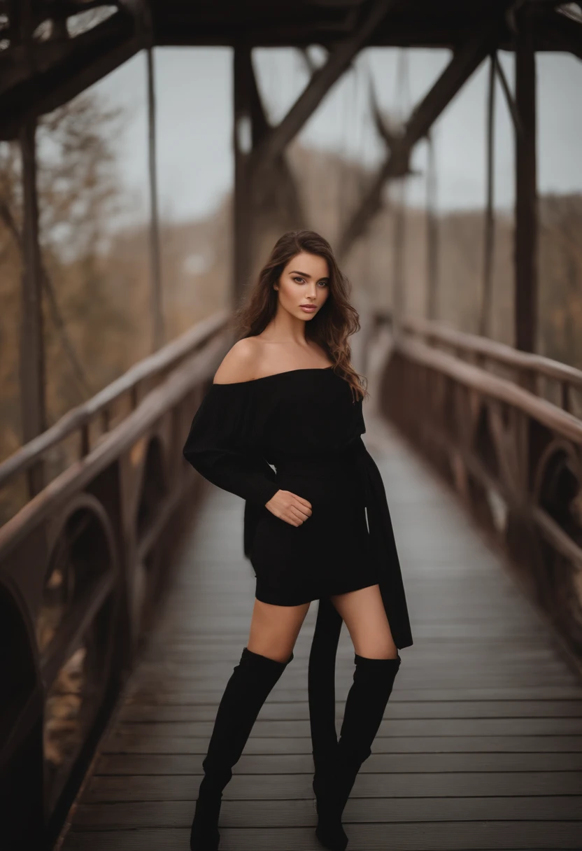 (diana) arafed woman with black clothes, sexy girl with brown eyes, portrait sophie mudd, brown hair and large eyes, selfie of a young woman, bedroom eyes, violet myers, without makeup, natural makeup, looking directly at the camera, face with artgram, subtle makeup, stunning full body shot, on the bridge, cleavage
