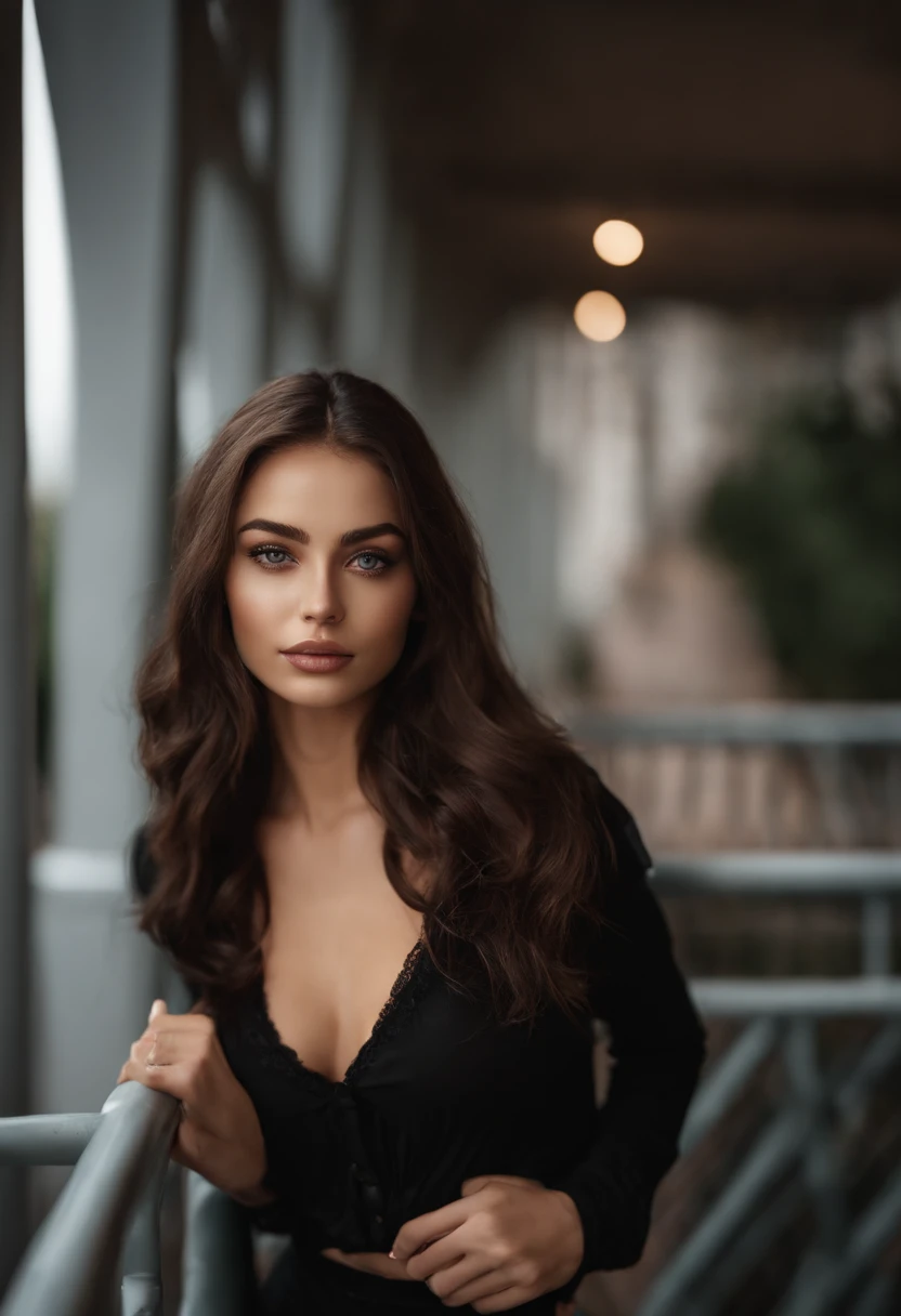 arafed woman with black sexy atractive clothes, sexy girl with brown eyes, portrait sophie mudd, black long hair and large eyes, selfie of a young woman, bedroom eyes, violet myers, without makeup, natural makeup, looking directly at the camera, face with artgram, subtle makeup, stunning full body shot, in a roof , cleavage