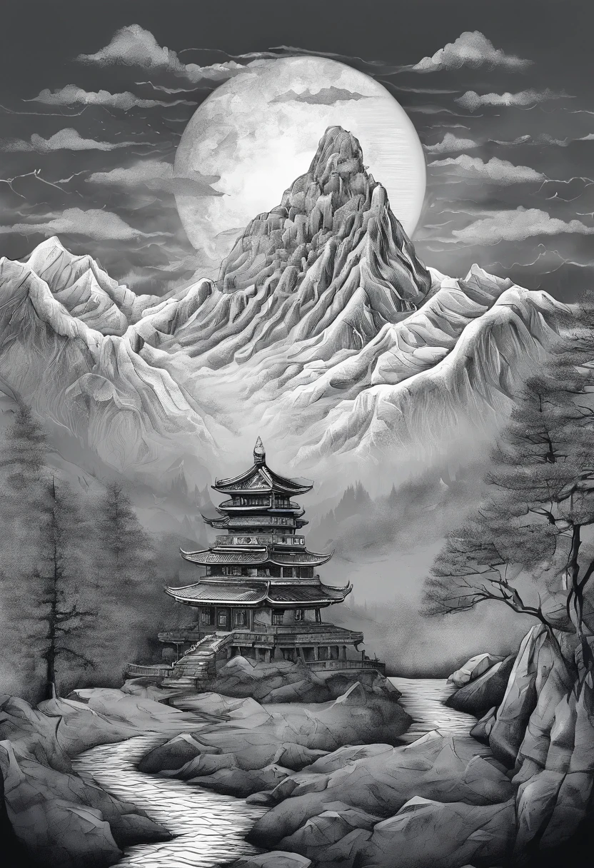 Gray dark sky，Clouds that have just snowed lightly，Gray clouds，There is a rough path in the vista，It leads directly to the mountains from bottom to top，On the top of the mountain is a ruined small Taoist temple(Faraway view)，Looming，The mountain is surrounded by blurred trees，On the tree is Rima，8K fantastic matte real