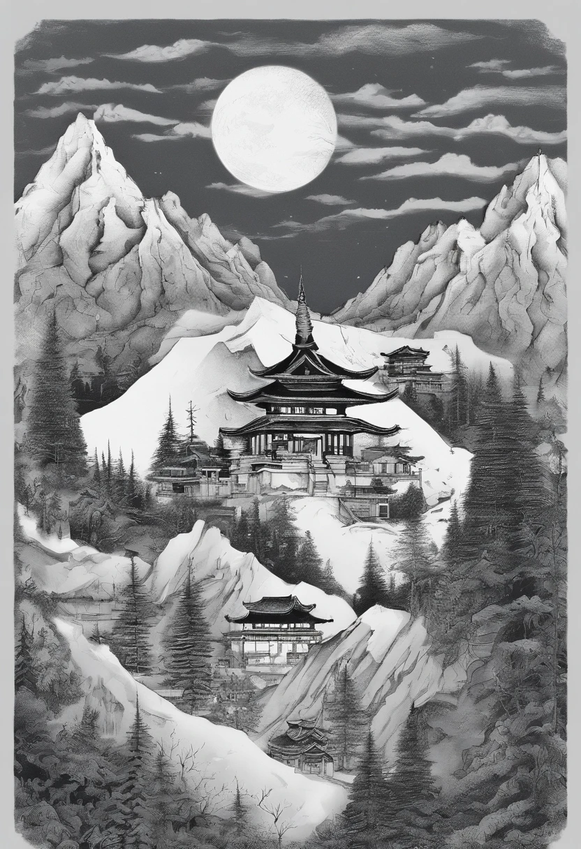 Gray dark sky,Clouds that have just snowed lightly,Gray clouds,There is a rough path in the vista,It leads directly to the mountains from bottom to top,On the top of the mountain is a ruined small Taoist temple(Faraway view),Looming,The mountain is surrounded by blurred trees,On the tree is Rima,8K fantastic matte real