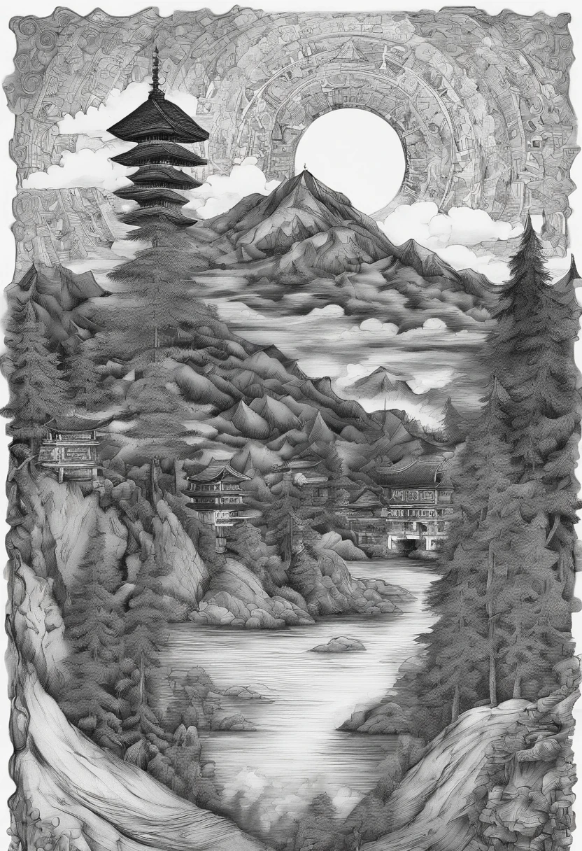 Gray dark sky,Clouds that have just snowed lightly,Gray clouds,There is a rough path in the vista,It leads directly to the mountains from bottom to top,On the top of the mountain is a ruined small Taoist temple(Faraway view),Looming,The mountain is surrounded by blurred trees,On the tree is Rima,8K fantastic matte real