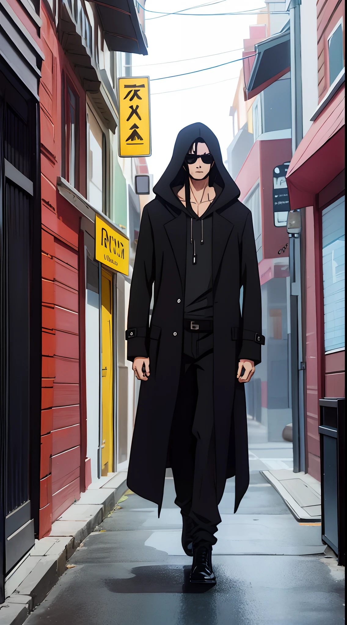 a guy with long black hairs, wearing a black hooded overcoat