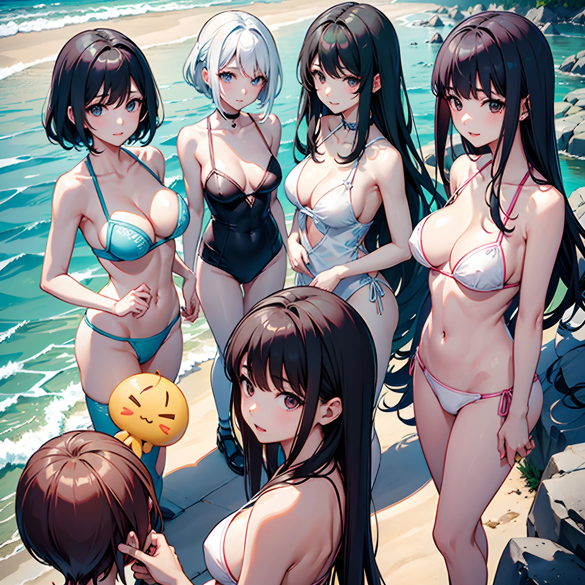 Voyeurism on the sandy beaches of Japan、Three women in swimsuits Japan taking a group photo、One is a slender 27-year-old woman with fluffy long bob hair、One is a 31-year-old married woman with loose lob hair with small breasts.、One is a 28-year-old office lady with bob hair and small breasts.、One is a slender 23-year-old woman with lob hair、、small tits、A slender、Smaller chest、Palm-sized chest、Apple-sized breast、A-cup breasts、B cup breasts、Small sized breasts、He looks at me with a happy face、Traveling with three good friends、