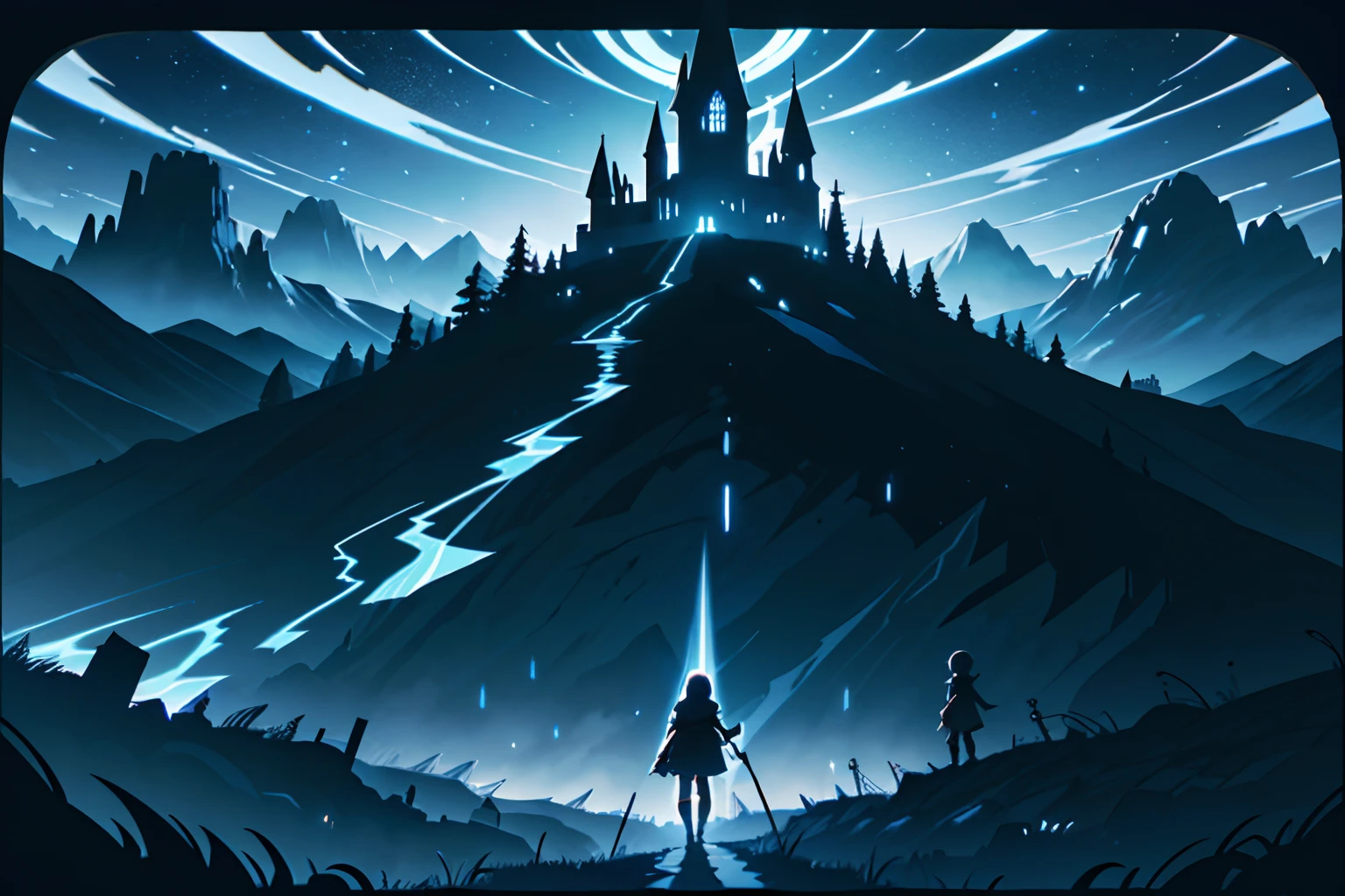 (best-quality:0.8), (best-quality:0.8), perfect anime illustration of a Gothic landscape, Bathed in shadows, ultrafine detailed, Dark, Naturecore, Accent lighting, Low shutter, Kodak portra, Luminous trails, key visual, artstation, highly detailed