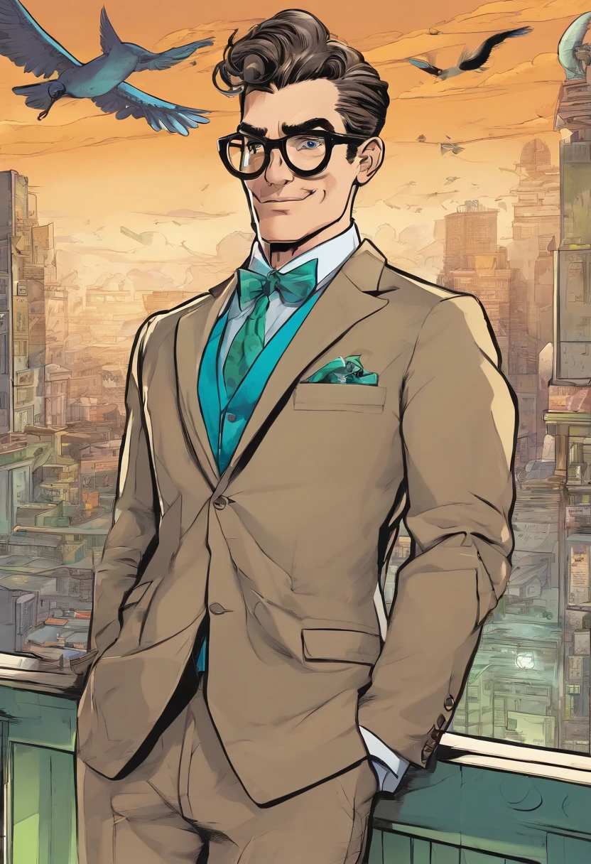 a gray bird looking male character with semi long brown hair and a blue suit from the 1950's,a black bow tie.has green goggles and a beak.skinny,longer neck,a black fedora