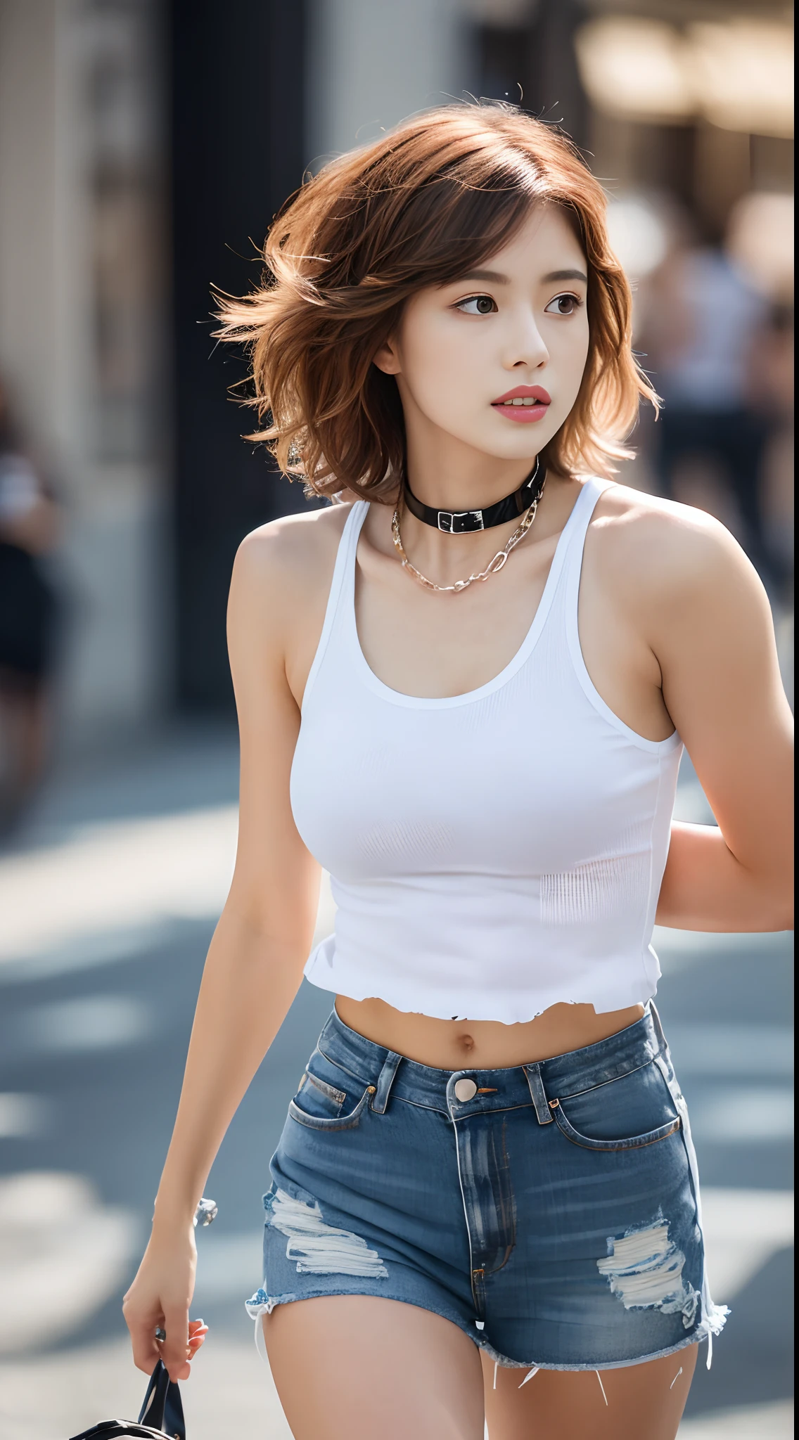 ((medium breast, tomboy girl,)),  (chiseled abs : 1.1), (perfect body : 1.1), (short wavy hair : 1.2) , auburn hair, collar, chain, full body shot, crowded street, wearing tanktop, jeans jacket, (torn clothes:1.3)((shorts)), (extremely detailed CG 8k wallpaper), (an extremely delicate and beautiful), (masterpiece), (best quality:1.0), (ultra highres:1.0),  beautiful lighting ,perfect lightning, realistic shadows, [highres], detailed skin, ultra-detailed (((colorful))),high realistic,