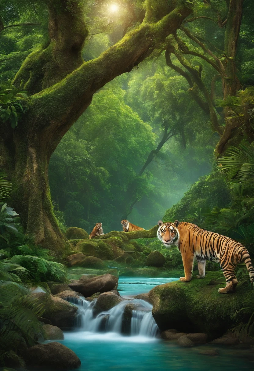 A forrest with tall and green trees surrounded by wild animals such as tigers and monkeys, complemented by a river and a blue sky