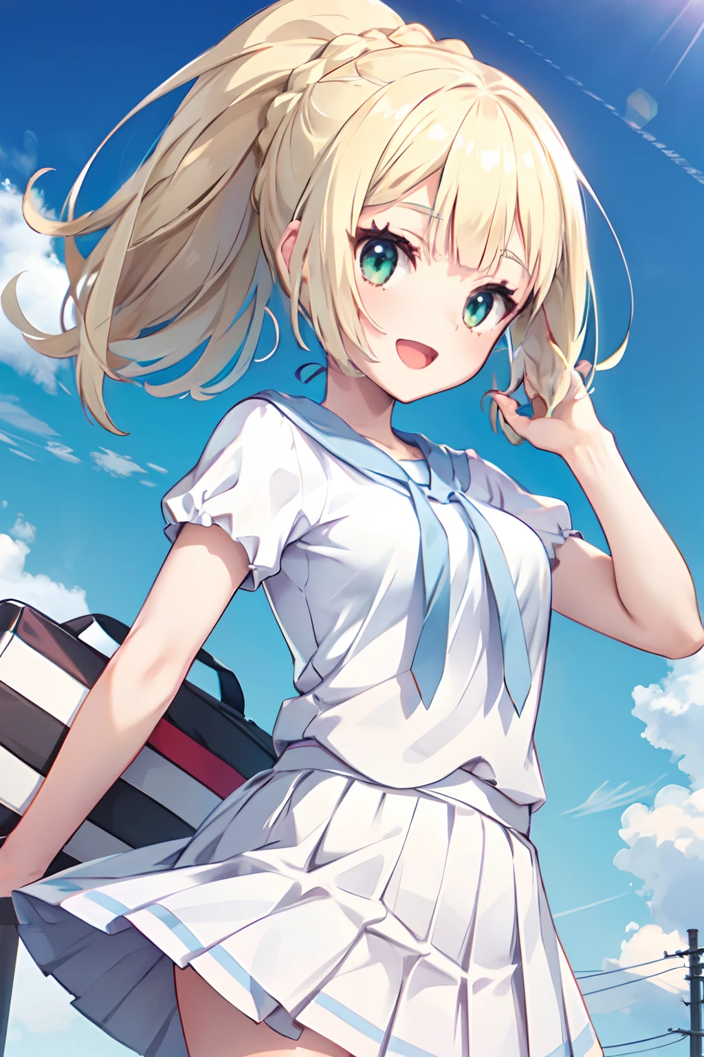 aalillie, long hair, ponytail, french braid, white shirt, short sleeves, white skirt, pleated skirt,Smile with open mouth,nimbly,Skirt combing,blue-sky,Top image quality,Masterpiece,Best Quality