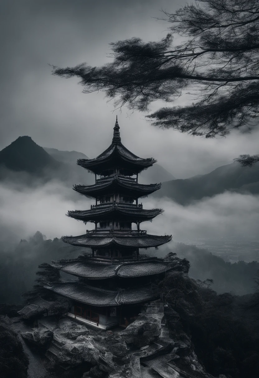 grey sky,Clouds that have just snowed lightly,Gray clouds,There is a rough path in the vista,It leads directly to the mountains from bottom to top,On the top of the mountain is a ruined small Taoist temple(Faraway view),Looming,The mountain is surrounded by blurred trees,On the tree is Rima,8K fantastic matte real