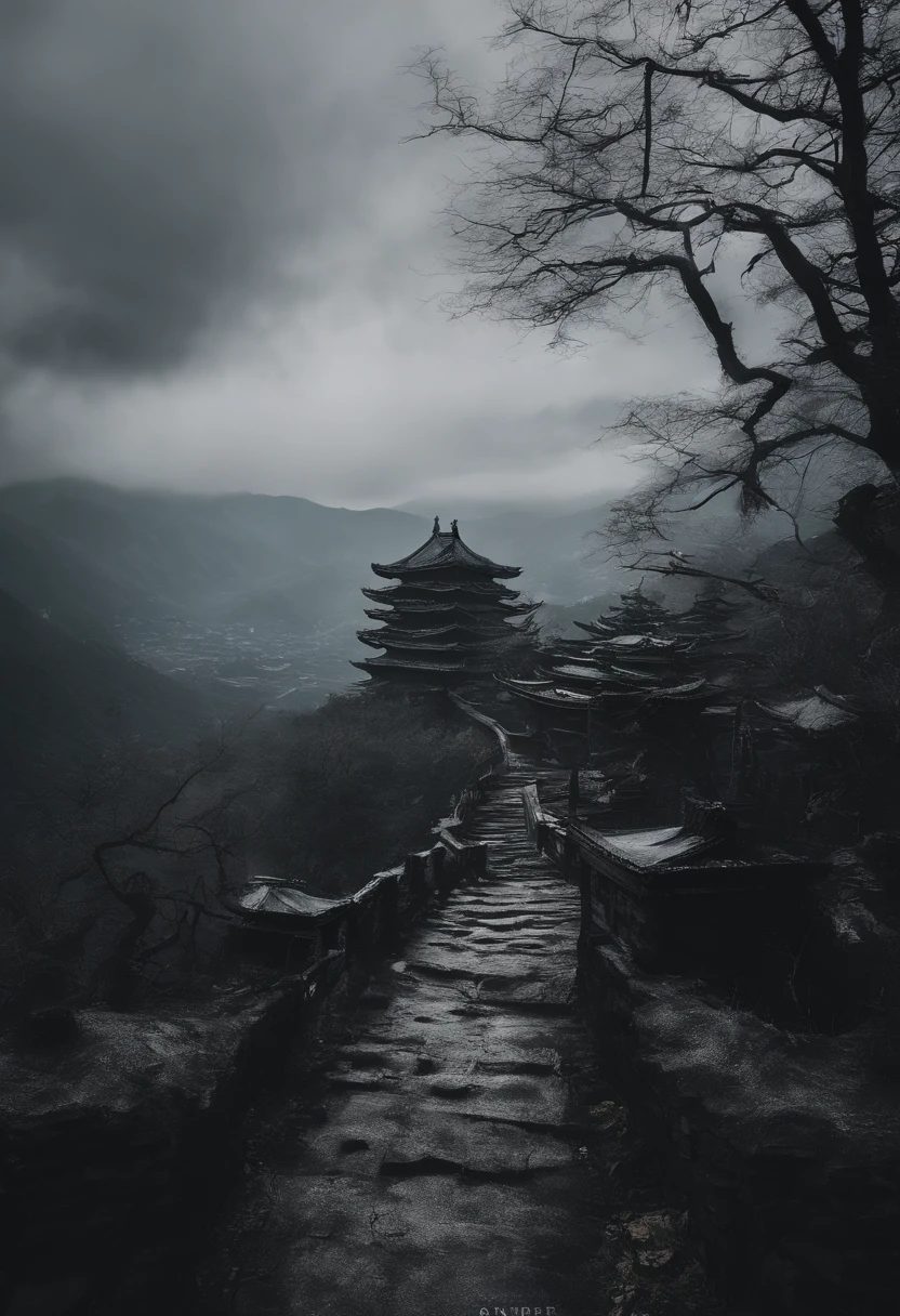 grey sky，Clouds that have just snowed lightly，Gray clouds，There is a rough path in the vista，It leads directly to the mountains from bottom to top，On the top of the mountain is a ruined small Taoist temple(Faraway view)，Looming，The mountain is surrounded by blurred trees，On the tree is Rima，8K fantastic matte real