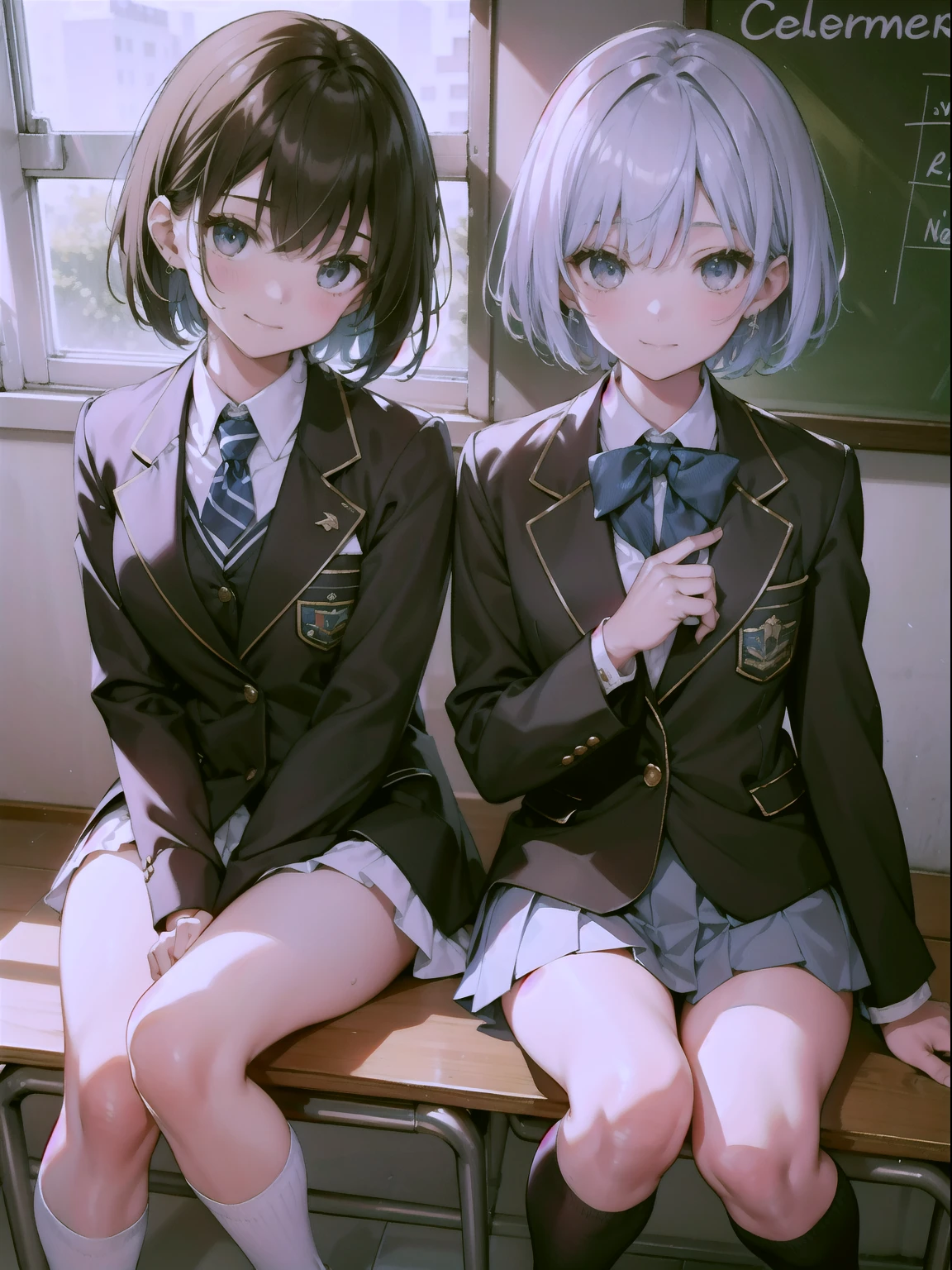 The ultra -The high-definition、high-level image quality、top-quality、Full limbs、complete fingers、Beautuful Women、1 persons、ssmile、Bink Hair、Bery short hair、School swim wear、Indentation、Blazer Uniform、Navy blue high socks、knee high、‎Classroom