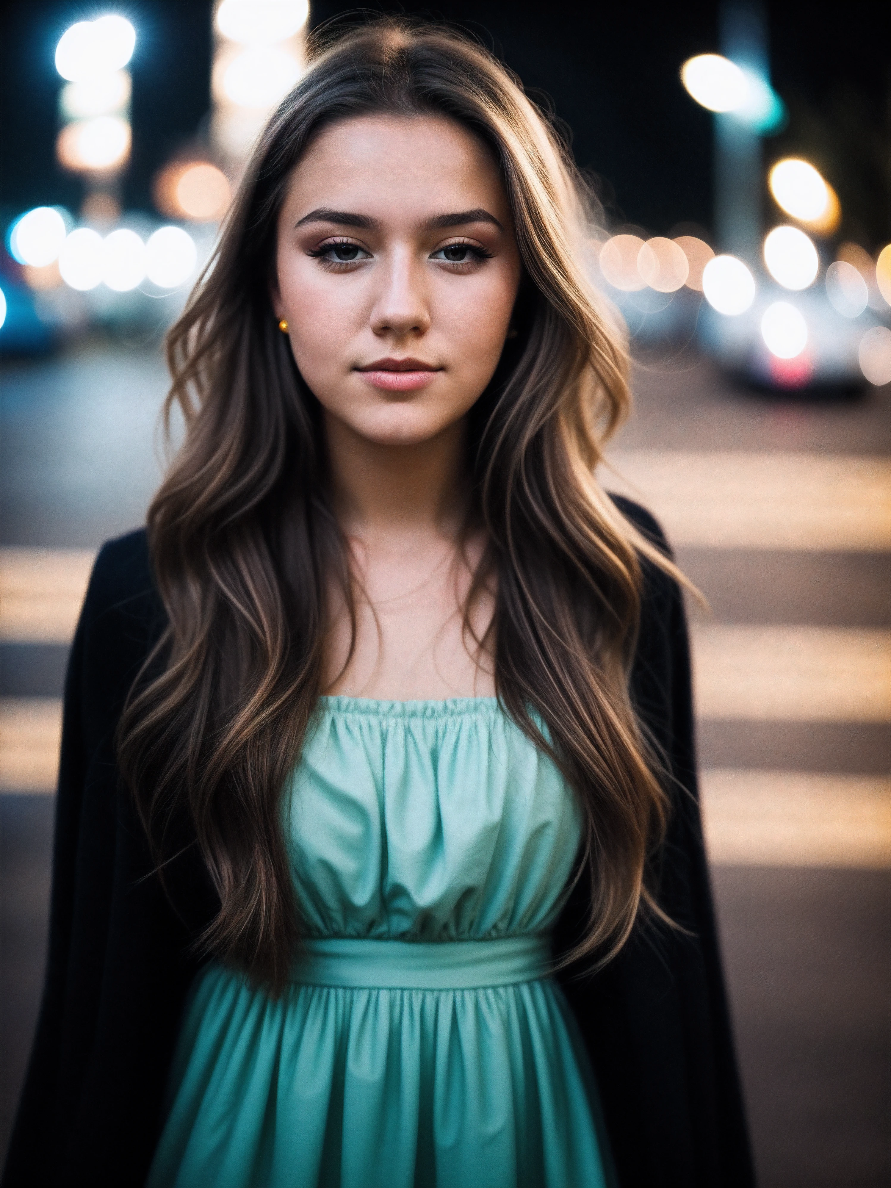 instagram photo, closeup face photo of 18 y.o swedish woman in dress, beautiful face, makeup, night city street, bokeh, motion blur