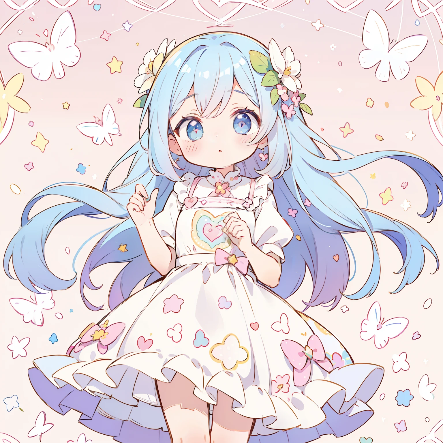 (pastel background:1.2), patterned background, (small doodles everywhere), an entire backgound filled with a repeating pattern of cute hearts, stars and butterlfies and flowers and other cute stuff, (light background:1.2)
