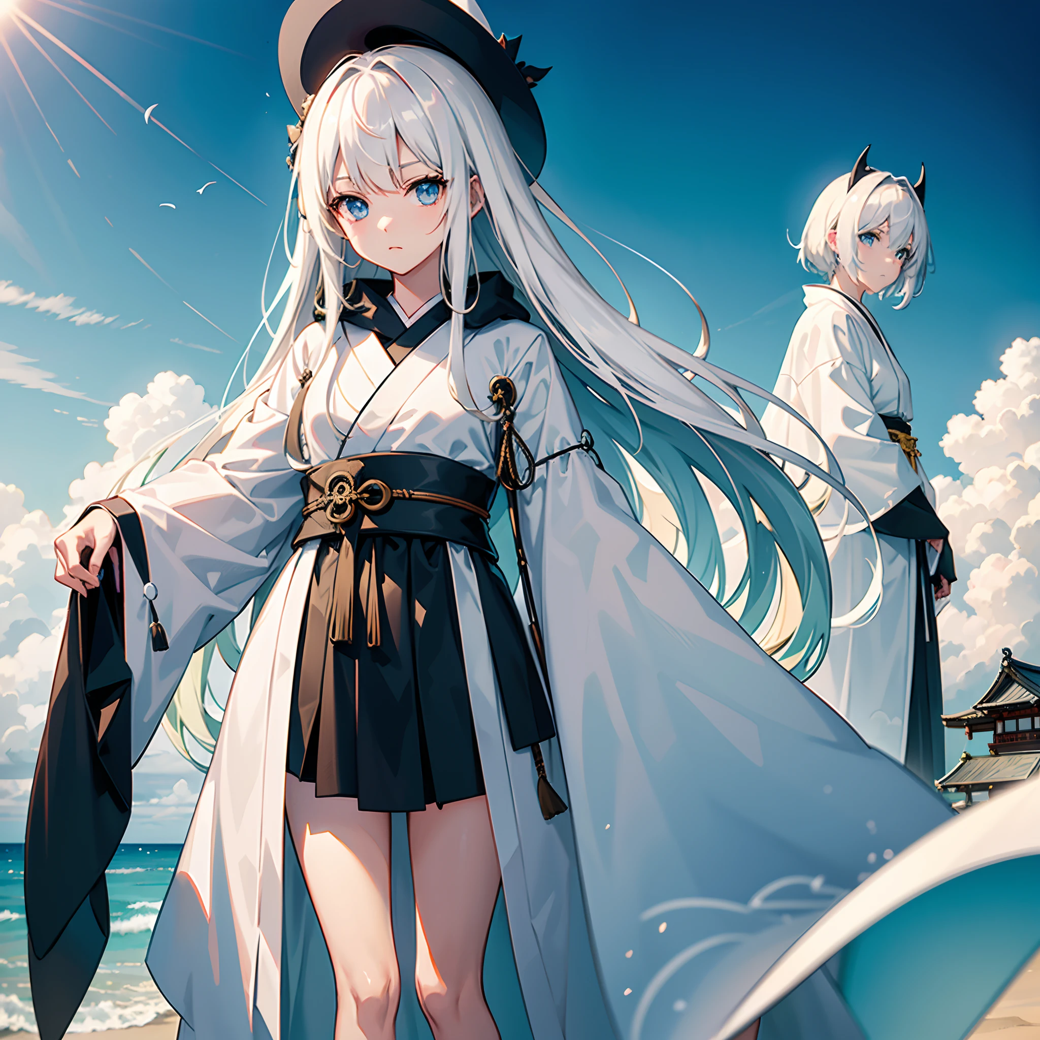Japan sandy beaches、Faintly visible distant Bill County、Standing Girl、Western style wizard black hooded robe、white t-shirts、a black skirt、white hair with a green mesh、Blue eyes with highlights、Looking at me with no expression、Large wizard hat with sapphire accessories