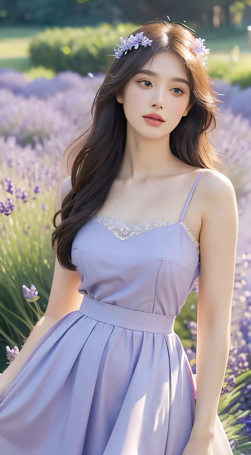 (hyperrealistic), (8K), 1 young girl, (beautiful detailed eyes), (beautiful detailed lips), (extremely detailed face), (long eyelashes), (soft smooth skin), (Supermodel body), (supermodel measurements), (wear Dress with a peasant skirt), (in the lavender field), (stand Putting your hands on your waist:1.2), (vivid colors), (bright sunlight), (subtle shadows), (gentle breeze), (butterflies fluttering around), (delicate lavender scent), (dewdrops on flowers), (tall green grass), (lush purple lavender bushes), (golden sunset), (soft warm glow), (dreamlike atmosphere), (crisp clear details), (high definition), (natural lighting), (impeccable quality), (ultra-fine painting), (romantic and serene), (postcard-worthy scene), (captivating beauty), (innocence and youthfulness), (sublime elegance), (timeless charm), (ethereal mood), (artistic masterpiece), (mesmerizing composition), (flawless artistry), mix4