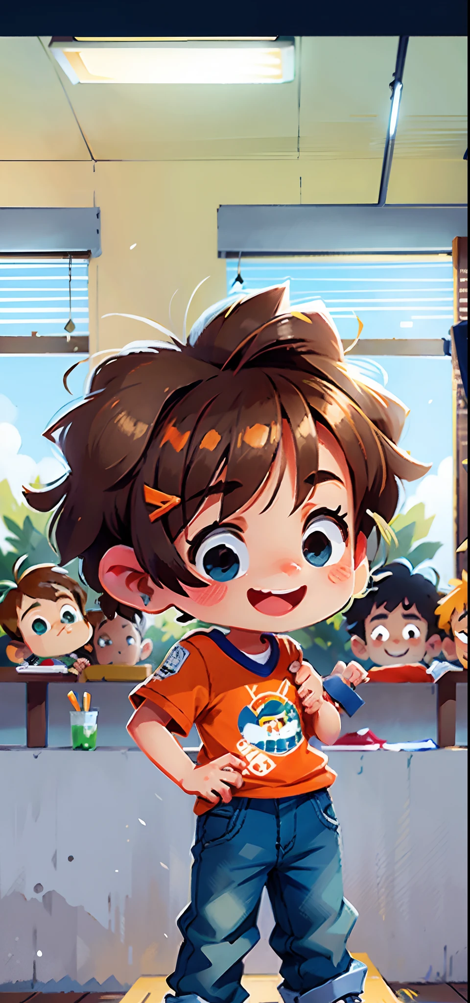 Um Menino, (garoto) cabelo lisos, cabelo pequeno, pouco volume, corte pequeno, castanhos com franja, Fofo, pele escura, 8 anos, magro, usando um moletom vermelho, and an orange pair of pants, sneakers blue, em uma escol, sorrindo feliz, Patio escola, Altamente detalhado.