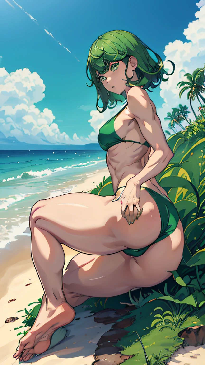 Masterpiece, ((extremely detailed face)),best quality, faithful to the anime, ((Tatsumakuki)),1girl, solo, medium breasts, wearing green bikini, (green eyes), green hair, ((beautiful thighs)) , serious expression, focus on thighs, big toned butt, muscular belly, barefoot, beach scene, full body photo,