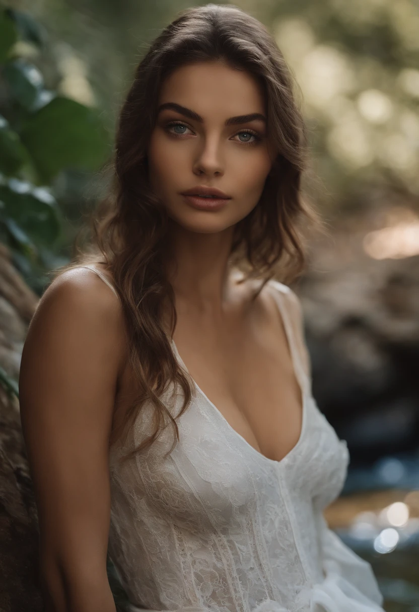 (Mikalya Demaiter) arafed woman with white underwear, sexy girl with brown eyes, portrait sophie mudd, brown hair and large blue eyes, selfie of a young woman, violet myers, without makeup, natural makeup, looking directly at the camera, face with artgram, subtle makeup, stunning full body shot, half naked, next to the waterfall, cleavage
