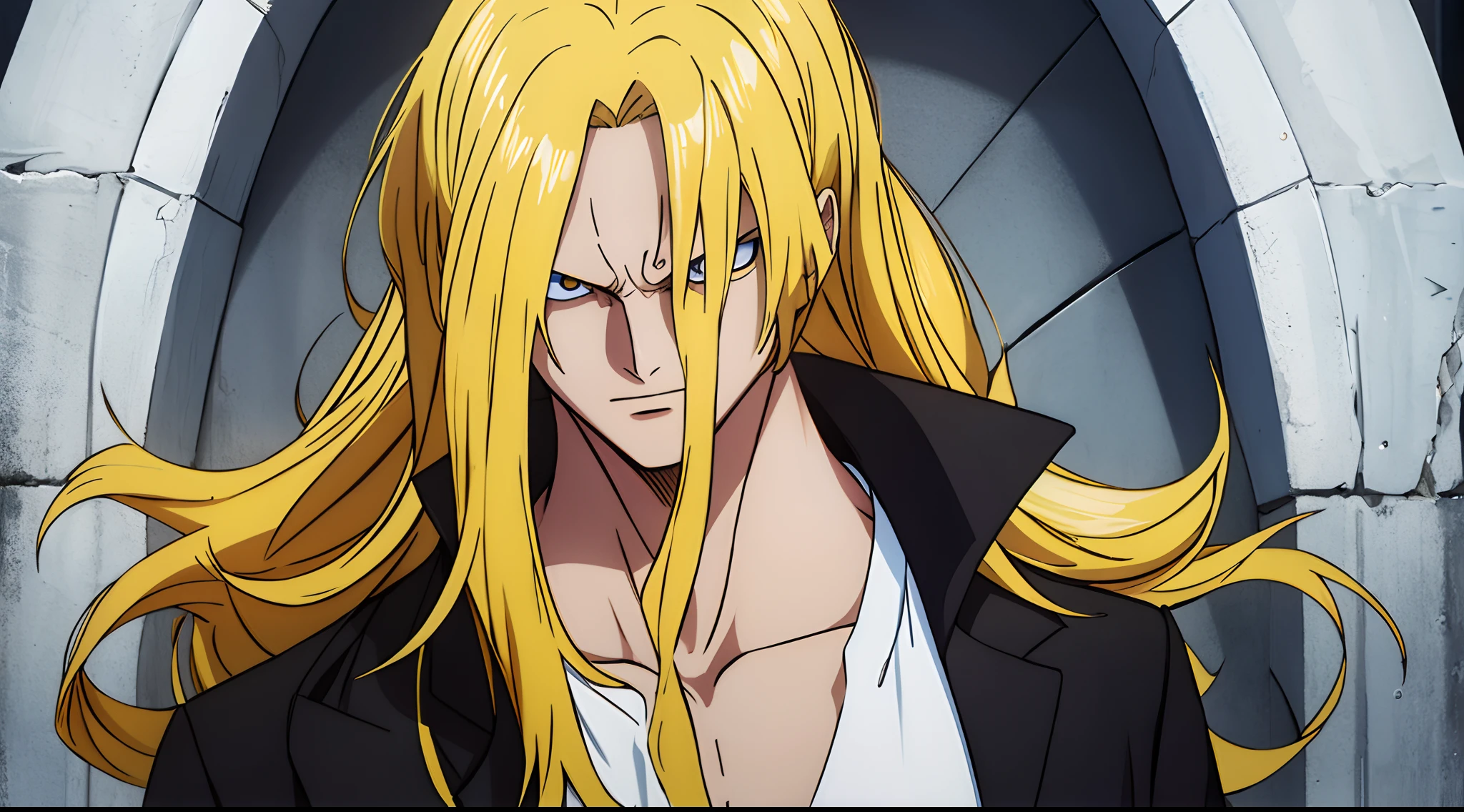 long blond hair guy, wearing a black jacket, yellow eyes