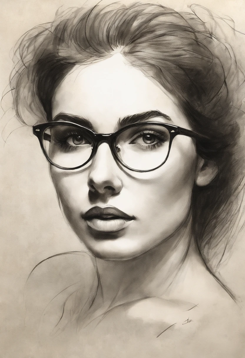 Rough charcoal sketch on old paper, Image of a young girl, Erotic Style, the perfect body, Rounded Thighs, round face, Large shiny dark brown eyes, long eyelashes, eyeglasses, Long, dark, slightly wavy hair, Small natural breasts, hairy pubic, dynamicpose, Clean Line Art,+expressive lines,Drawing in an Expressive Sketch Style, hatching, Black and white sketch, hand-painted, Rough charcoal sketch on old paper