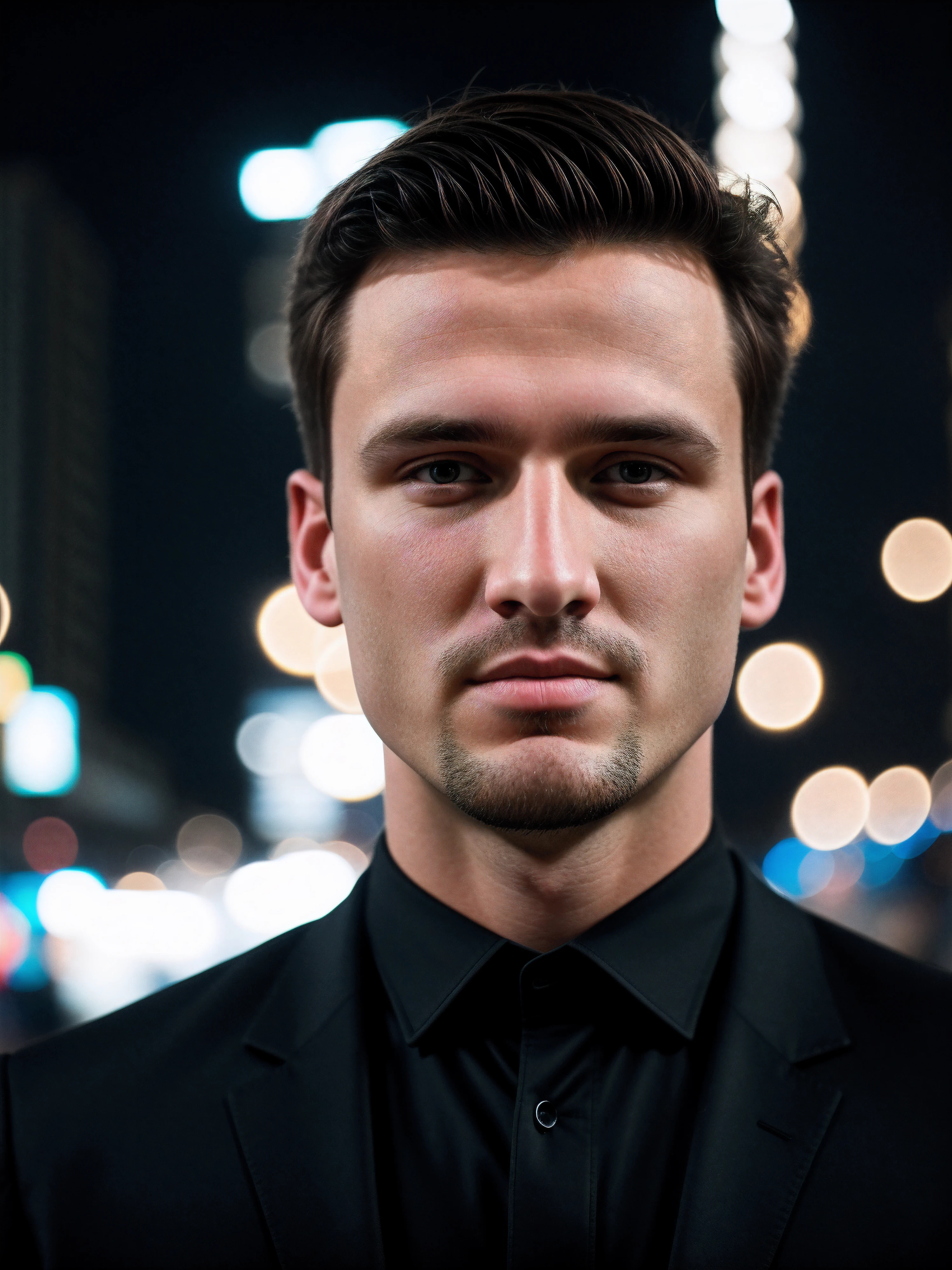 closeup face photo of caucasian man in black clothes, night city street, bokeh