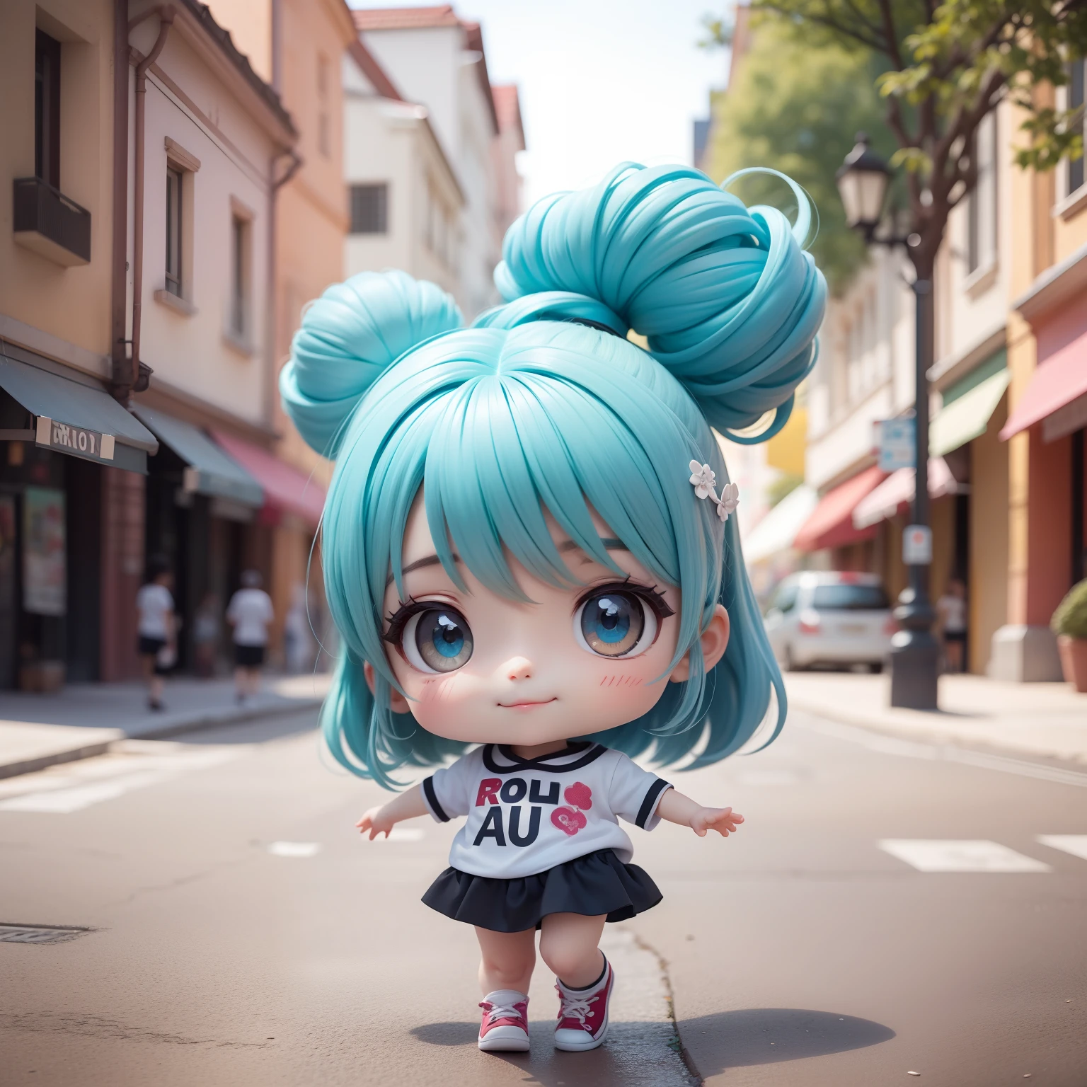 Anime chibi cute baby,(Super Obra-Prima、qualidade superior、Ultra - Detalhado、1 menina em、Tchibi:1.5)、Moda Chibi、Um modelo de moda、Vestindo uma camisa branca e um longo colete cinza,sneaker、Fundo elegante da rua da cidade、fora de casa、O melhor sorriso、looking at the camera,Um rosto detalhado、pele escura、highdetailskin、cabelo azul celeste、(Tchibi:1.4)todas em 8k