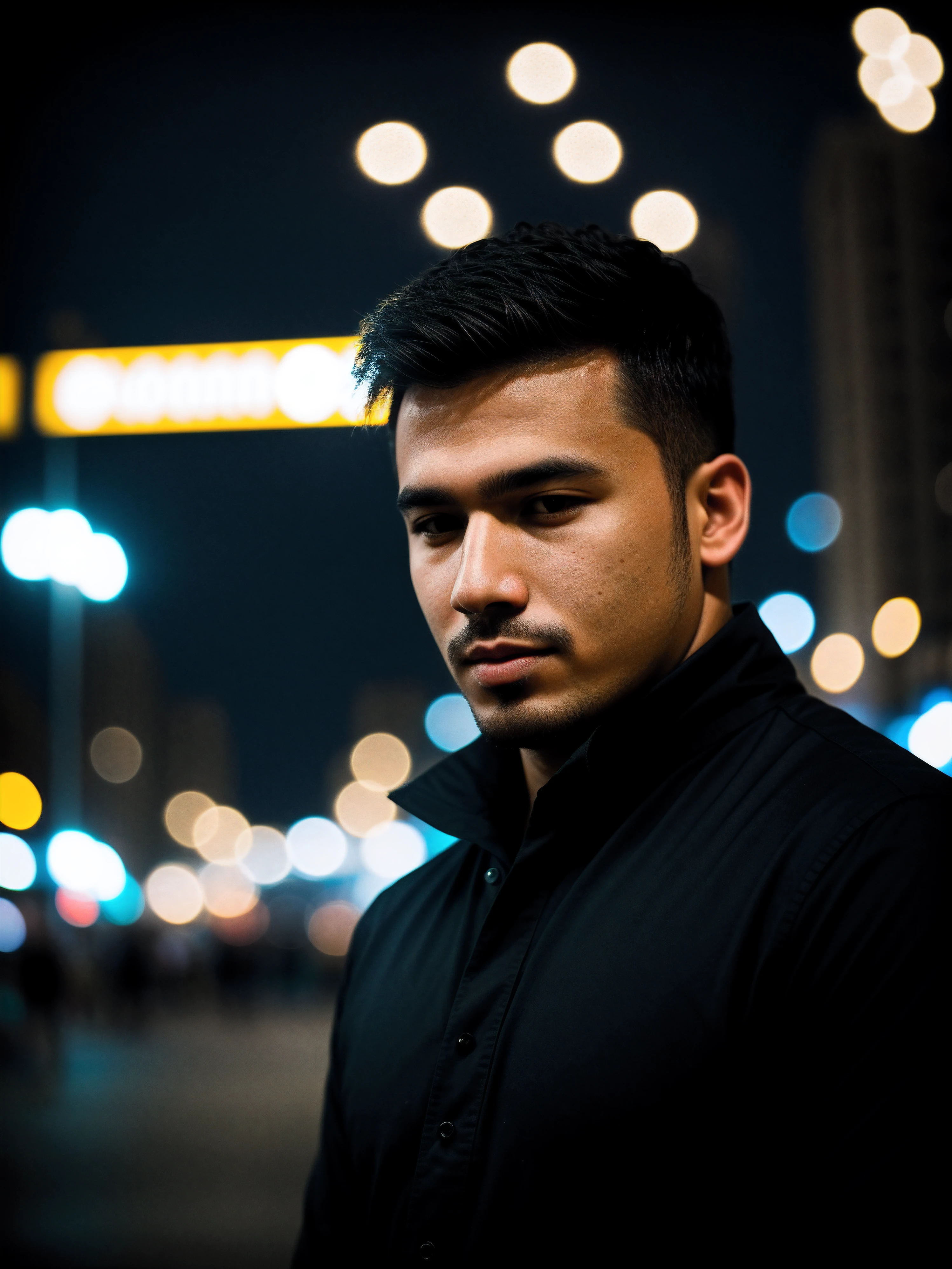 closeup face photo of man in black clothes, night city street, bokeh