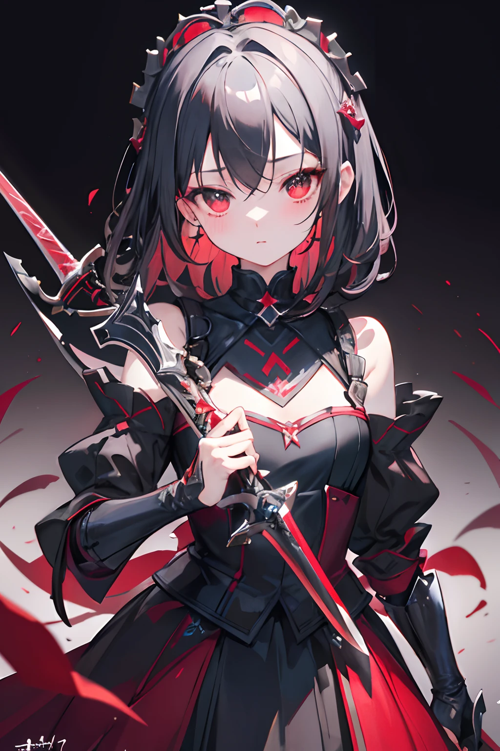 (((masterpiece)))、top-quality、ultra-detailliert、red blush、Cute and playful、Jet-black swordsman、Dark Knight、Gothic、Holding the Great Sword、sacred place、Dark place、silber hair、Fluffy hairstyle、Bright background、Dramatic、masterpiece、top-quality、The most beautiful illustration in the world