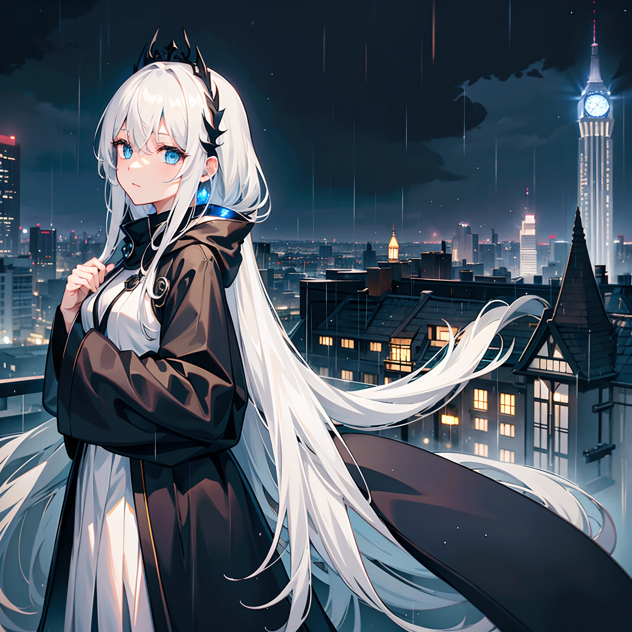 1 person、Mature、Ample breasts、White Hair、Long Hair、Blue Eyes、White skin、Black Dress、Shoulder Bare、Hair blowing in the wind、falling、Falling from the roof、Falling body、Suicide by jumping、Upside Down World、Downtown、Night view、Blank Face、I don't need tomorrow.、High resolution、Highest