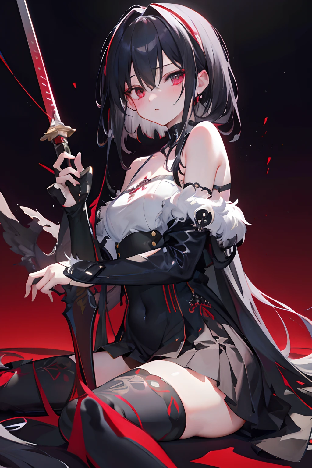 A girl with black hair and red eyes,Wearing a black cloak and heavy black robes,Heavy fog surrounds,She holds a dagger in her hand,Looking at you upright