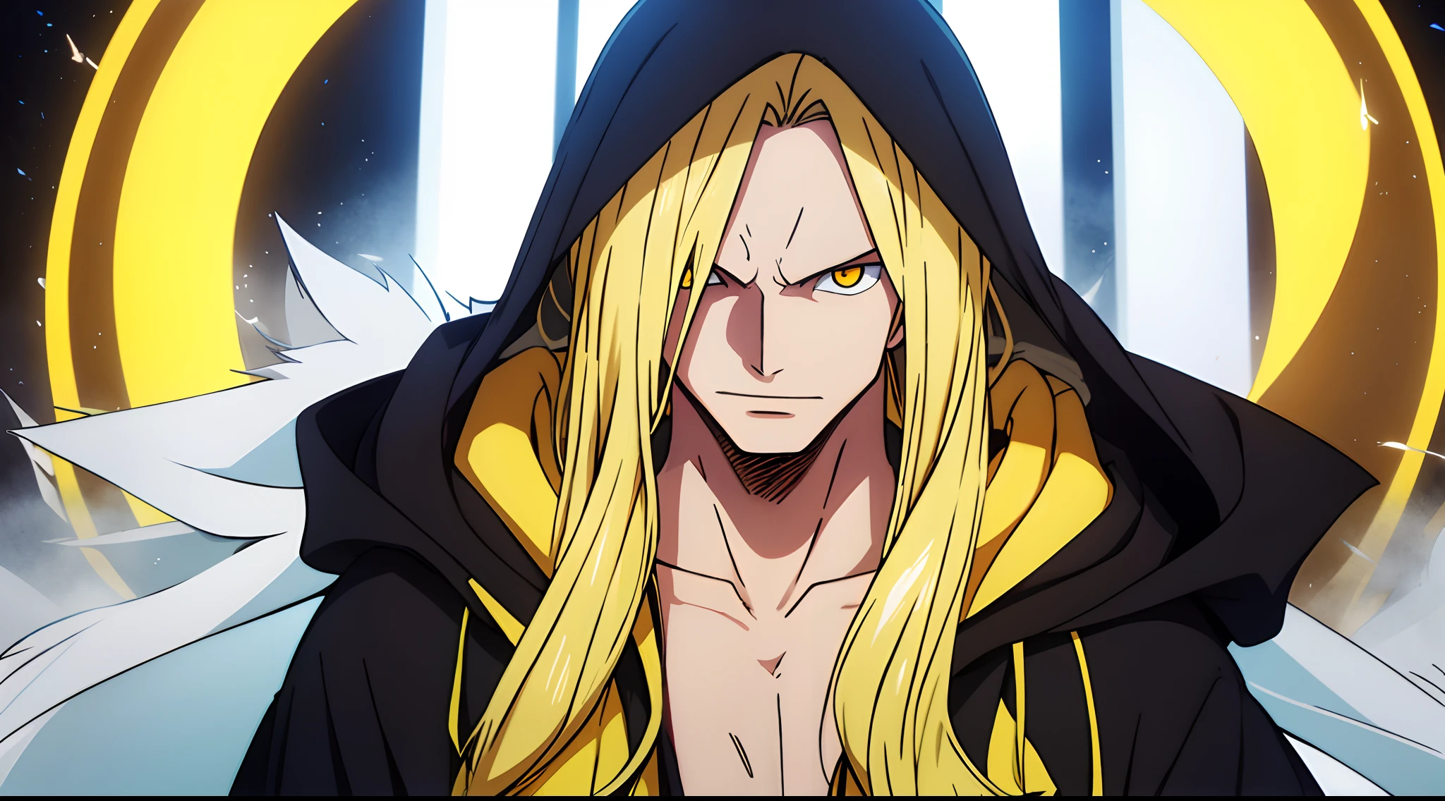 long blond hair guy, wearing a black jacket, yellow eyes, hooded