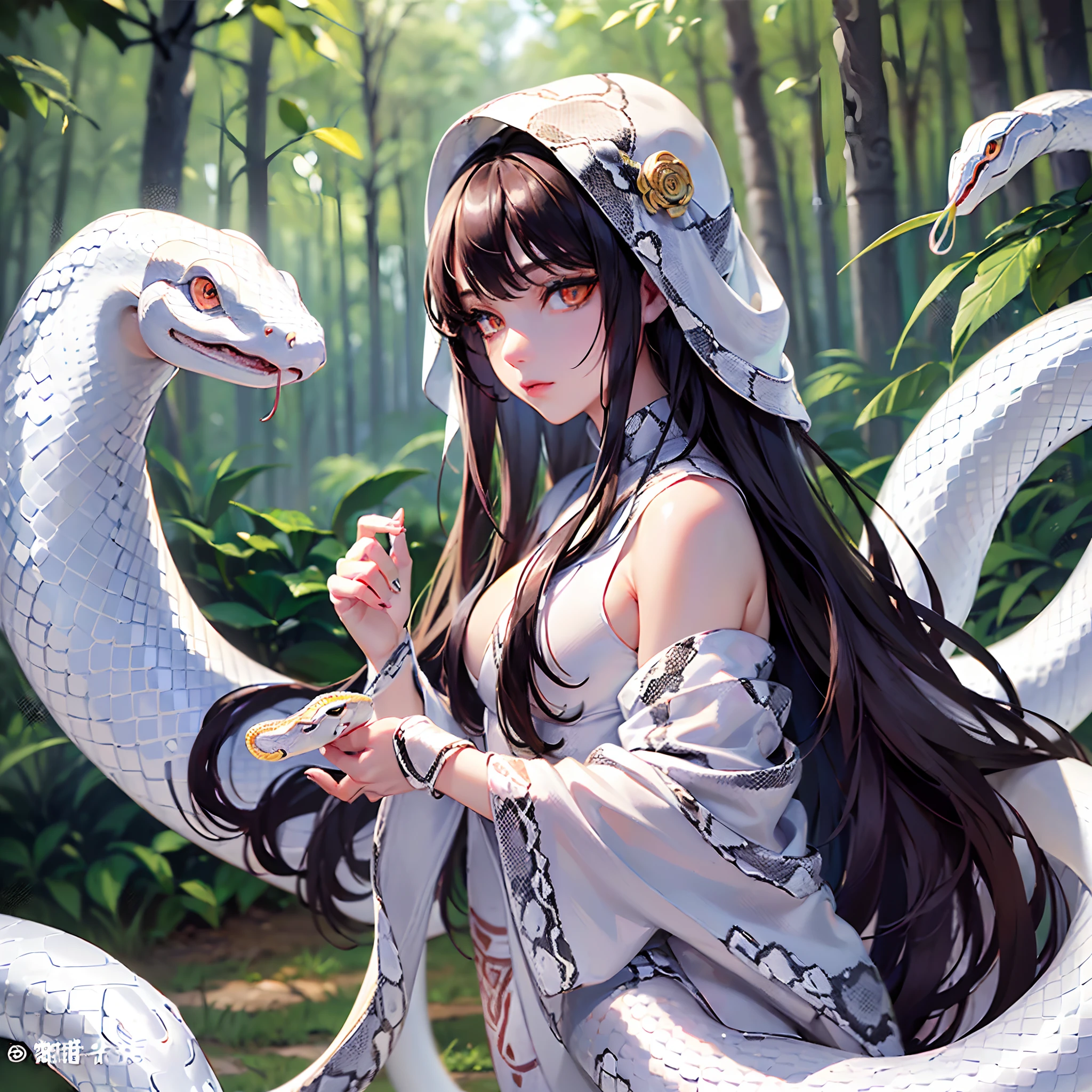 ((Finest quality)),(超A high resolution),(ultra-detailliert),(Meticulous portrayal),((Best CG)),(Finest works of art),Ultra-Precision Art,The art of astounding depiction, (White large snake:1.5),(1人の女性:1.5),(Clear crimson eyes:1.5),(Black straight long hair:1.5,),deadpan:1.3,(Body wrapped around a white snake:1.5),Plain white kimono:1.5, In the dense forest:1.5