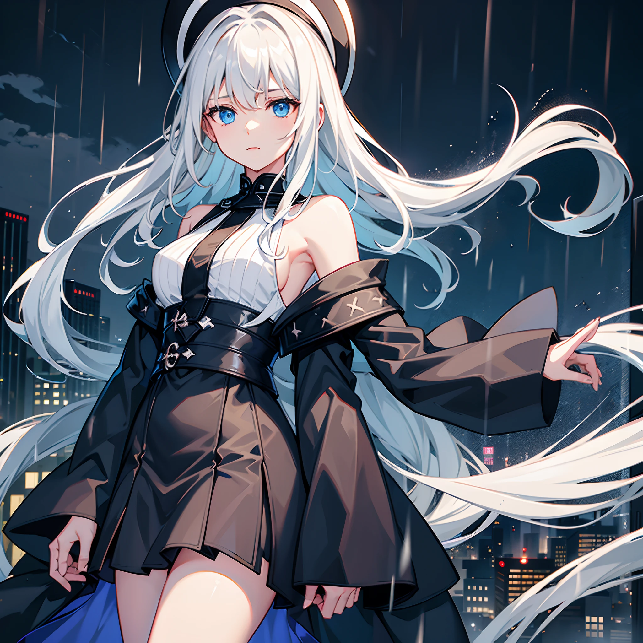 Rooftop of a building late at night in the rain、Rainy night view、One Girl Standing、Wizard black hooded robe、white t-shirts、a black skirt、white hair with a green mesh、Blue eyes with highlights、Looking at me with a straight face、Large wizard hat with sapphire accessories