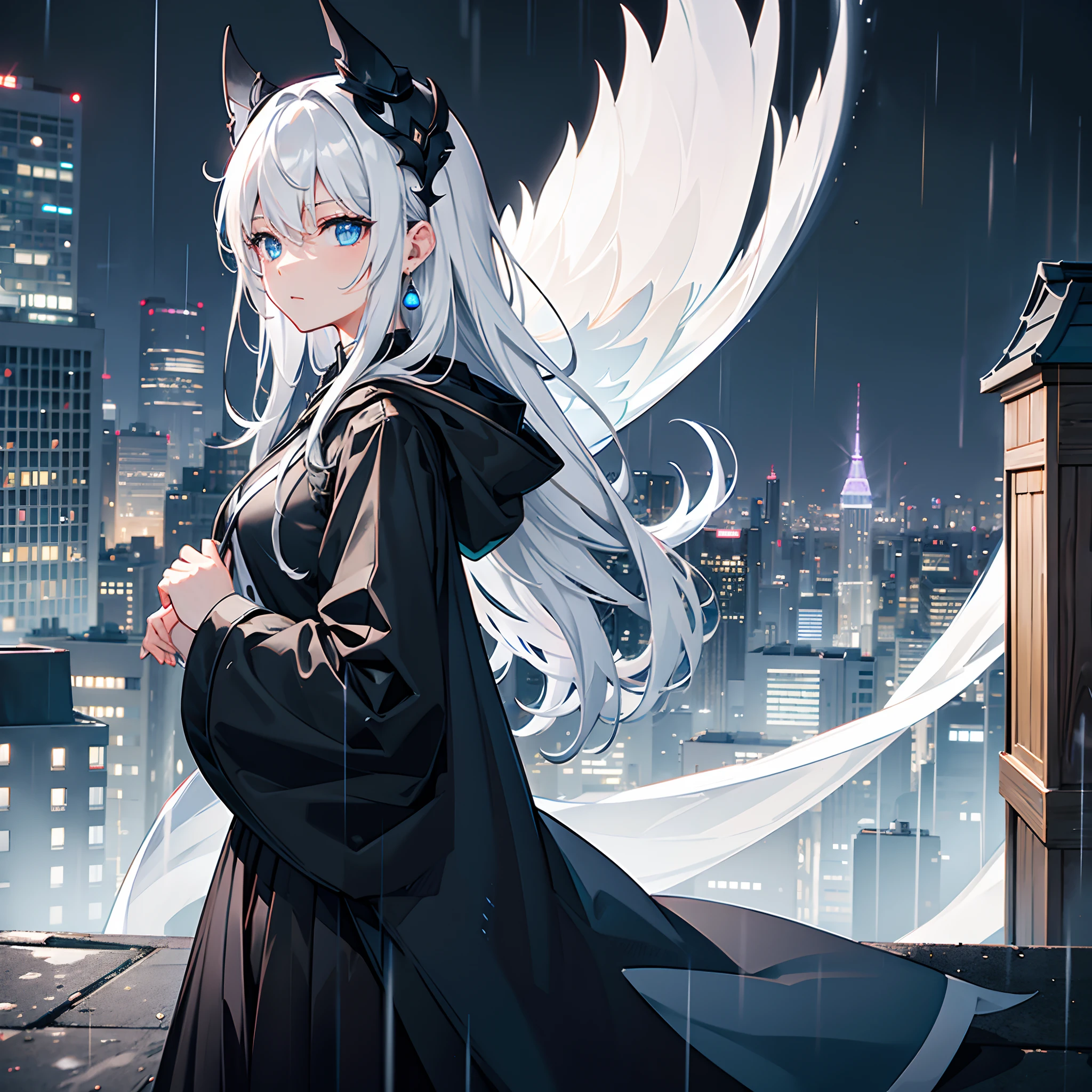 Rooftop of a building late at night in the rain、Rainy night view、One Girl Standing、Wizard black hooded robe、white t-shirts、a black skirt、white hair with a green mesh、Blue eyes with highlights、Looking at me with a straight face、Large wizard hat with sapphire accessories